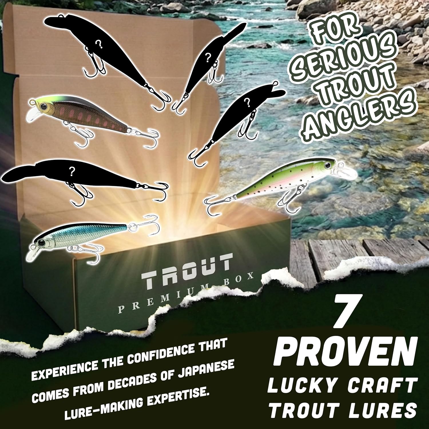 LUCKY CRAFT Trout Premium Box, 7 Freshwater Fishing Lures for Lake, Stream, and River Fish, Mystery Selection Tackle Box with Surprise Trout Lures, Fishing Gear Accessories