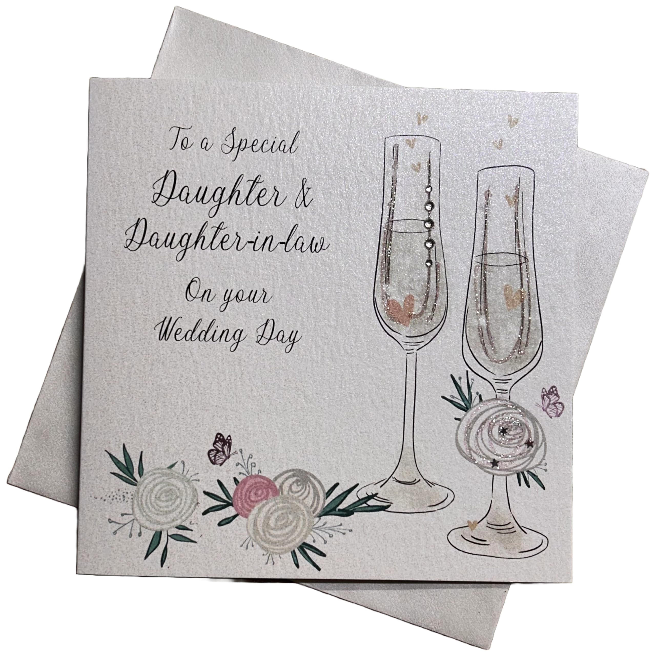 Biglietto Auguri Matrimonio Fatto A Mano Con Flûte Di Champagne - Per Figlia E Nuora - 16x16 Cm Con Busta - 4