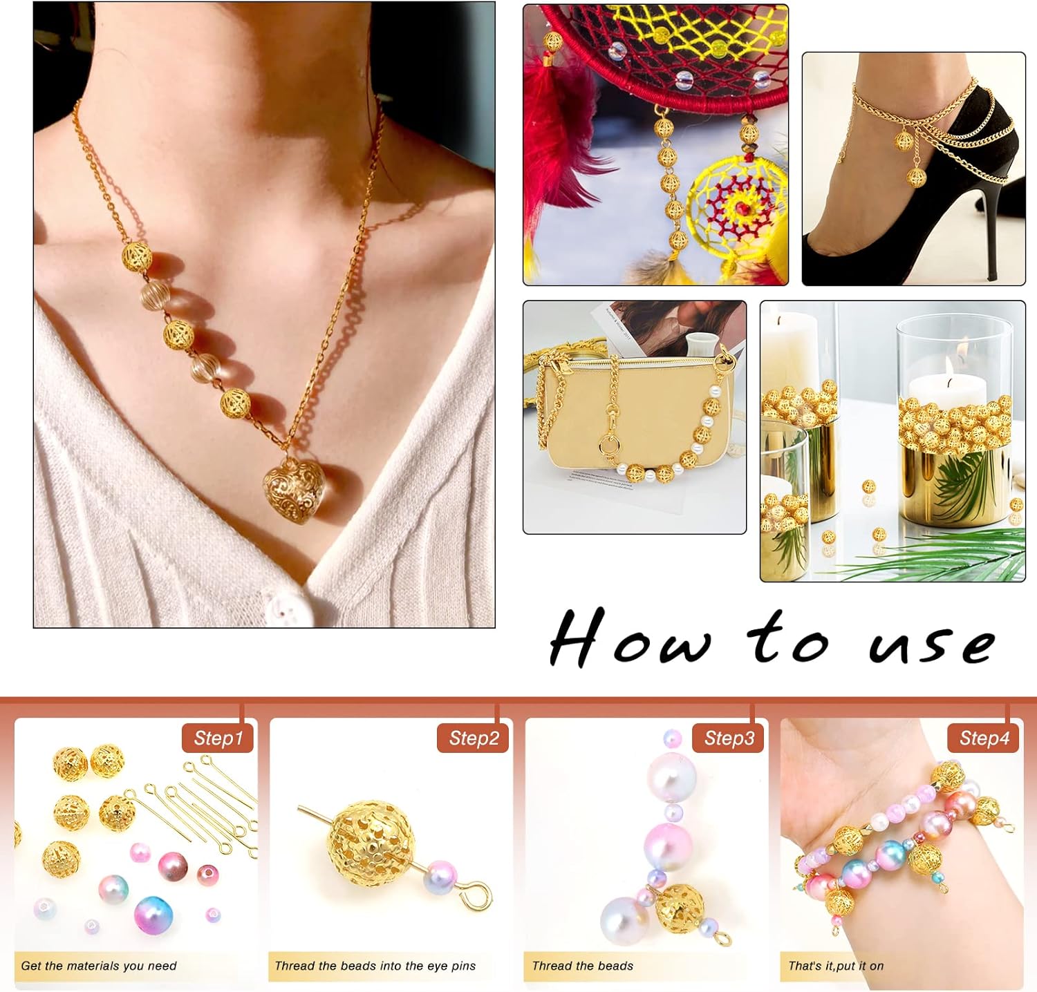 TOAOB 100pcs 10mm Gold Plated Filigree Hollow Ball Beads Round Metal Loose Spacer Beads for DIY Crafts Bracelets Necklaces Earrings Jewelry Making - Image 6