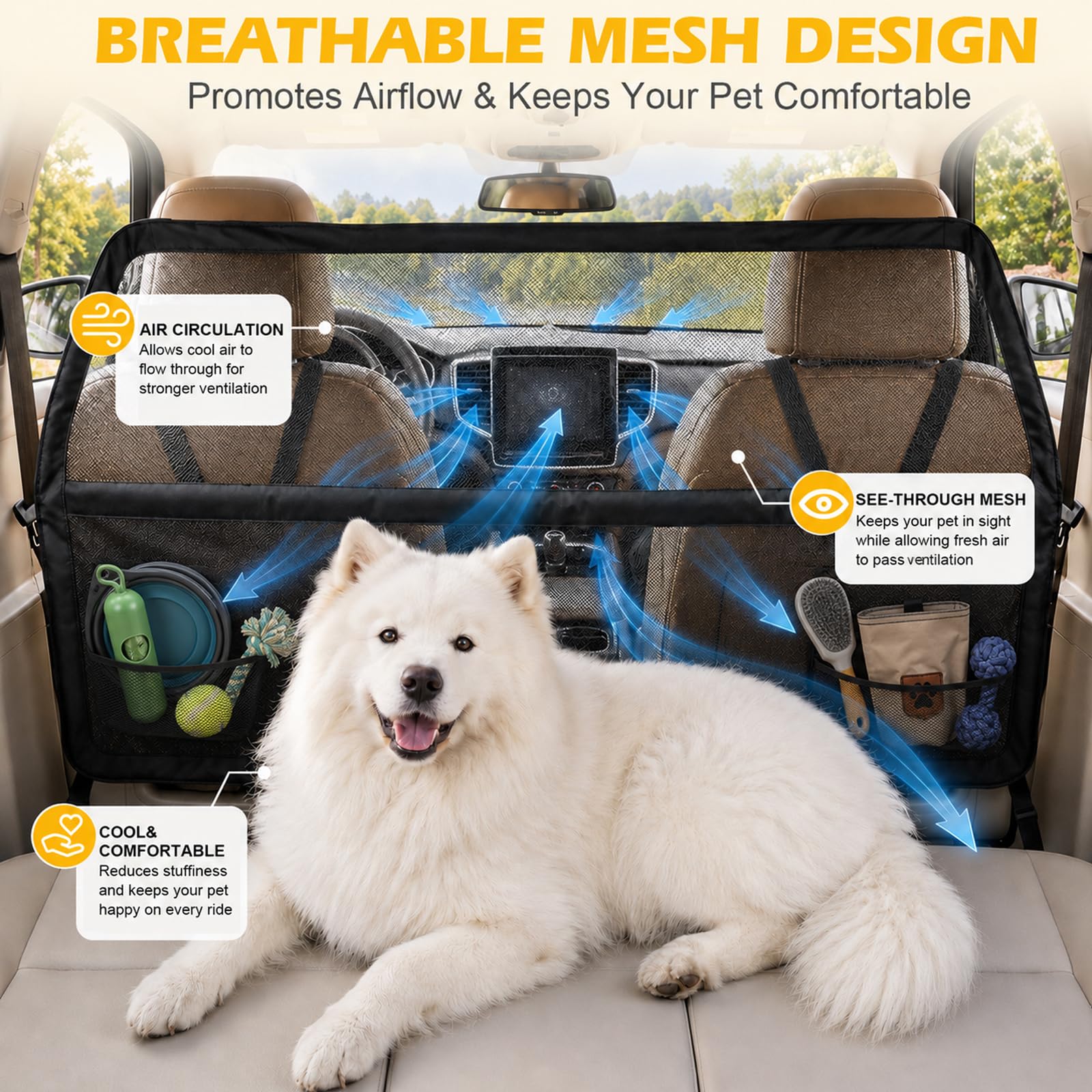 Grille de protection pour chien - Siège arrière et coffre - 127 x 142 x 81 cm - Filet de protection pour chien - Filet de protection renforcé et cadre en métal - Barrière universelle pour