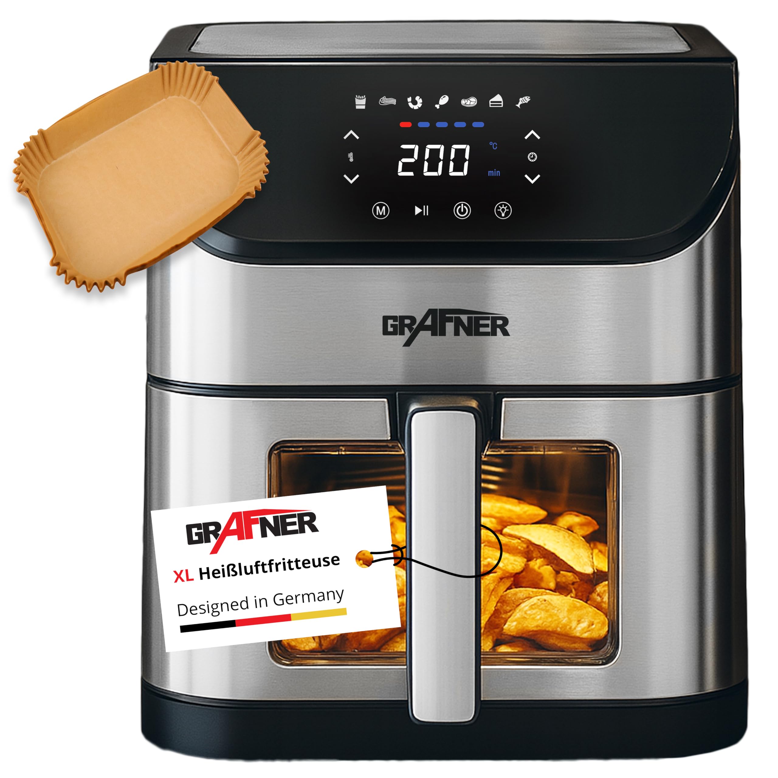 Grafner XXL Digitale Heißluftfritteuse 8 L, 100x Backpapier, LED Touchscreen, 7 Programme, 1800 Watt, Sichtfenster, Antihaft-Beschichtung, Fritteuse ohne Fett ölfrei, Edelstahl Air Fryer Friteuse