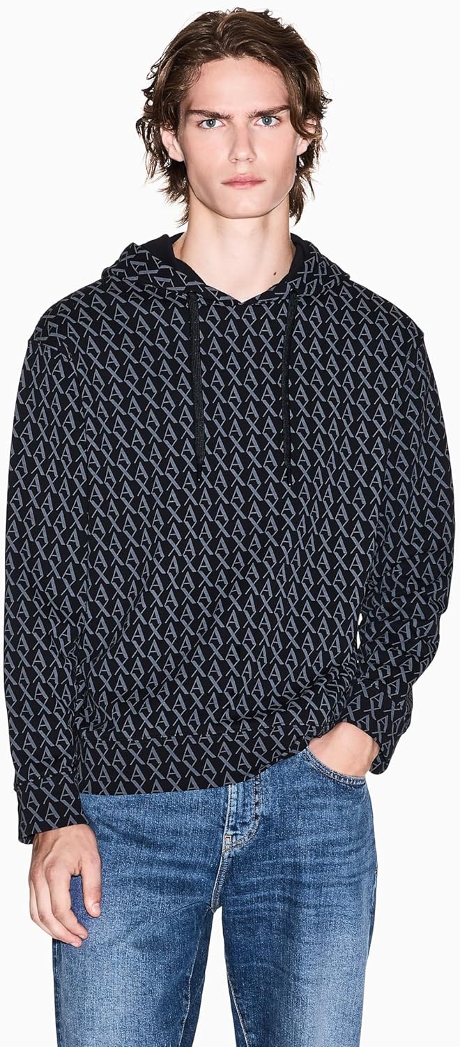 Armani Exchange mens Cotton French Terry All Over Logo Hoodie - Image 4