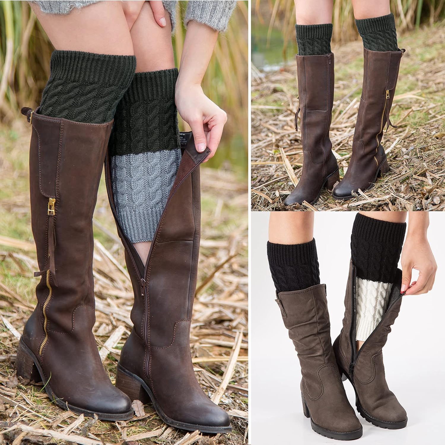 PHOGARY 2 Pairs Winter Warm Boot Cuffs for Women, Crochet Knitted Boot Socks for Gilrs Short Leg Warmers Boot Topper Socks Leg Cuffs Boot Warmers Gift (2 Color Stitching) - Image 6