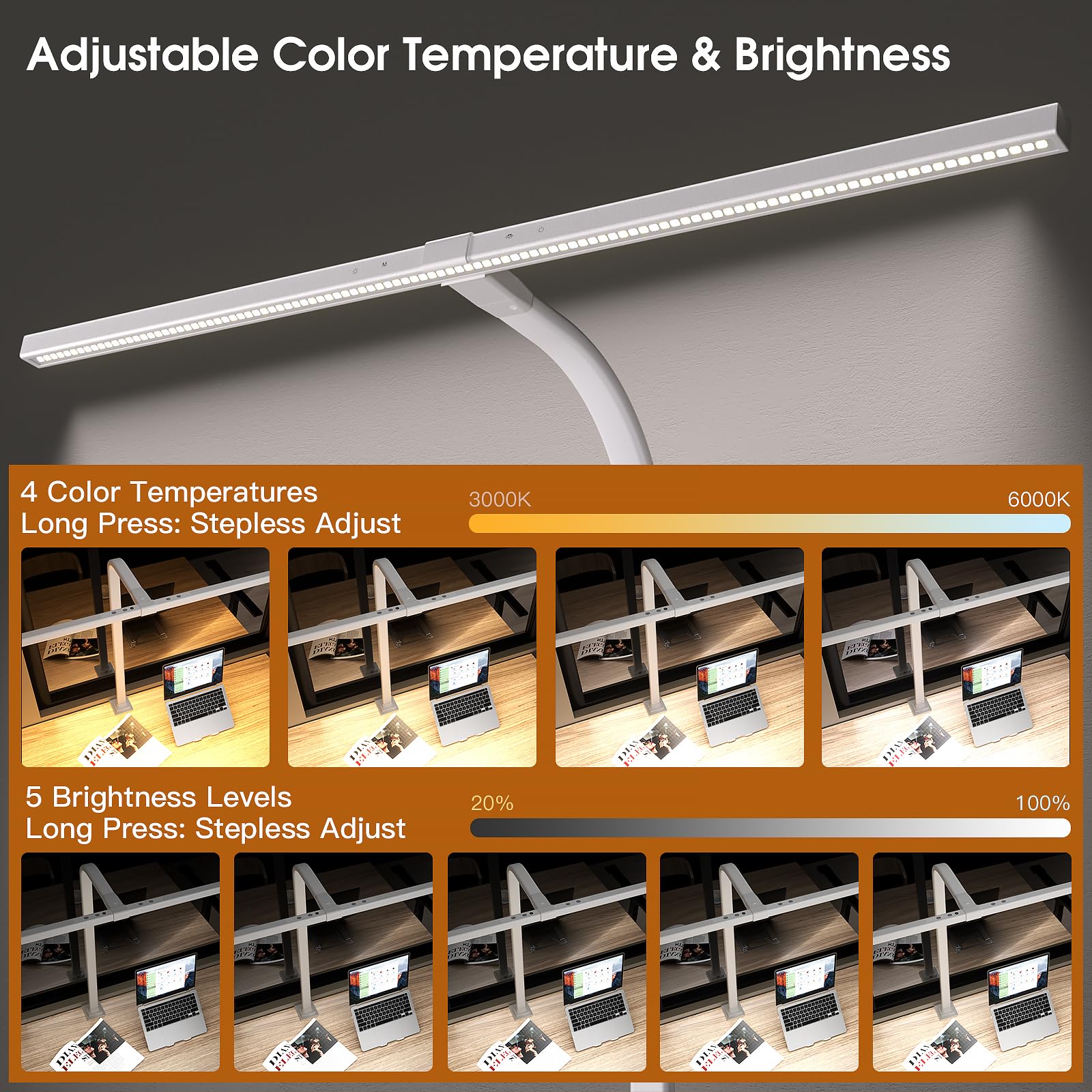 EYOCEAN Lampada da scrivania a LED oscuramento automatico, lampada da tavolo da ufficio da 80 cm con morsetto con temperature di colore regolabili