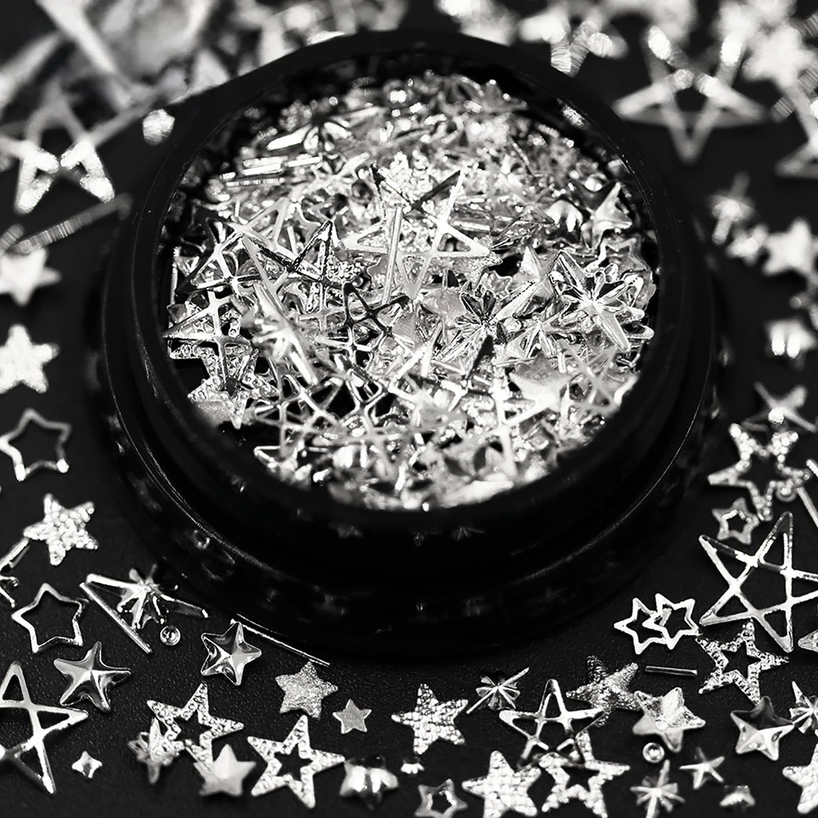 HYWWPFLA Silver Nail Charms 3D Nail Art Studs Mix Size Star-Shape Stars Nails Art Charms Metal Nails Rivets Stud DIY Manicure Decoration for Nail Art
