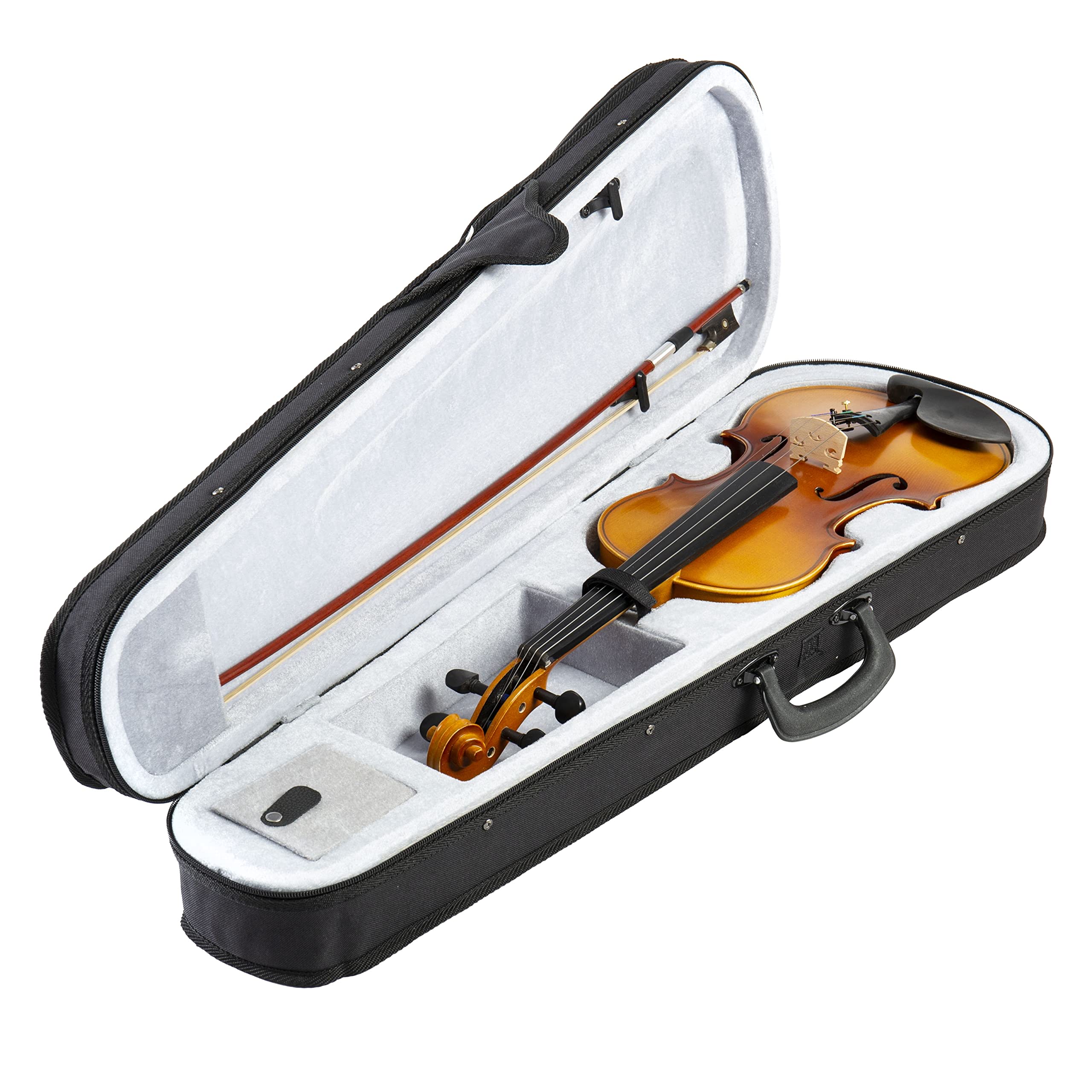 Monzani Capriccio 21 Violinset 4/4, Vollmassiver Ahornkorpus, Fichtendecke, Ebenholzgarnitur, Handangepasster Ahorn-Steg, Ebenholz-Saitenhalter mit Feinstimmer, Guarneri-Kinnhalter, Inklusive Etui,