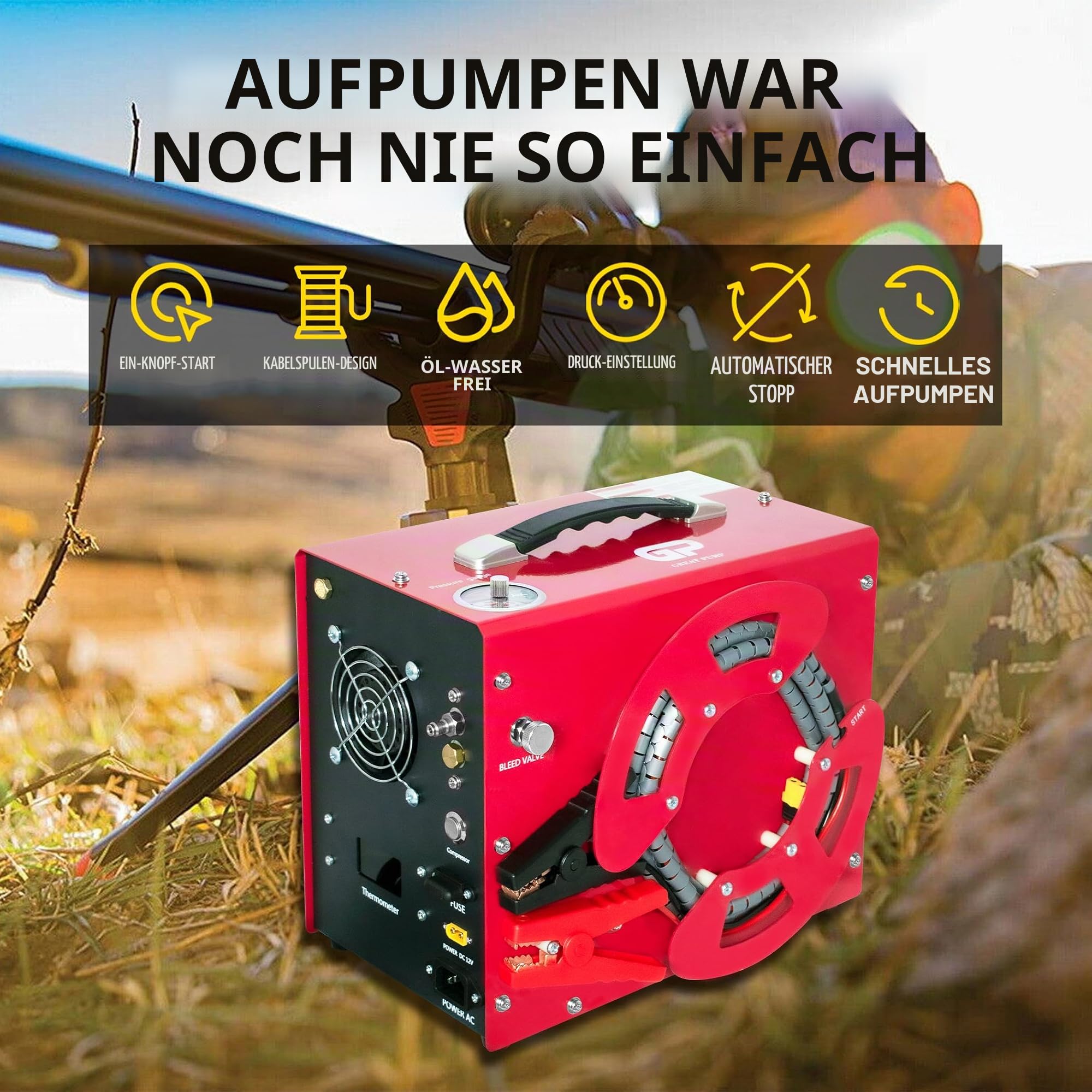 TUXING 4500Psi PCP-Luftkompressor, eingebauter Konverter/Wasser-Öl-Filter, Auto-Stopp, einzigartiges vertikales + tragbares Design mit Drahtspule, 220V Wechselstrom oder 12V Auto für Tauchflasche