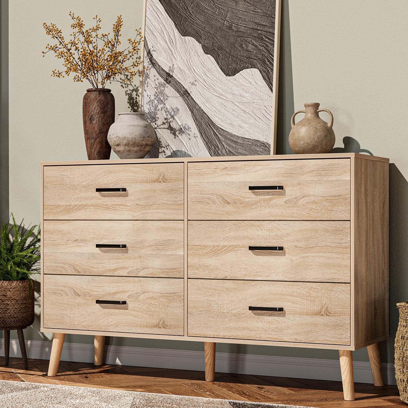 Bigbiglife Wood Dresser for Bedroom, 6 Drawer Dresser with Metal Handles, Mid Century Modern Chest of Drawer Large Storage Organizer for Living Room,