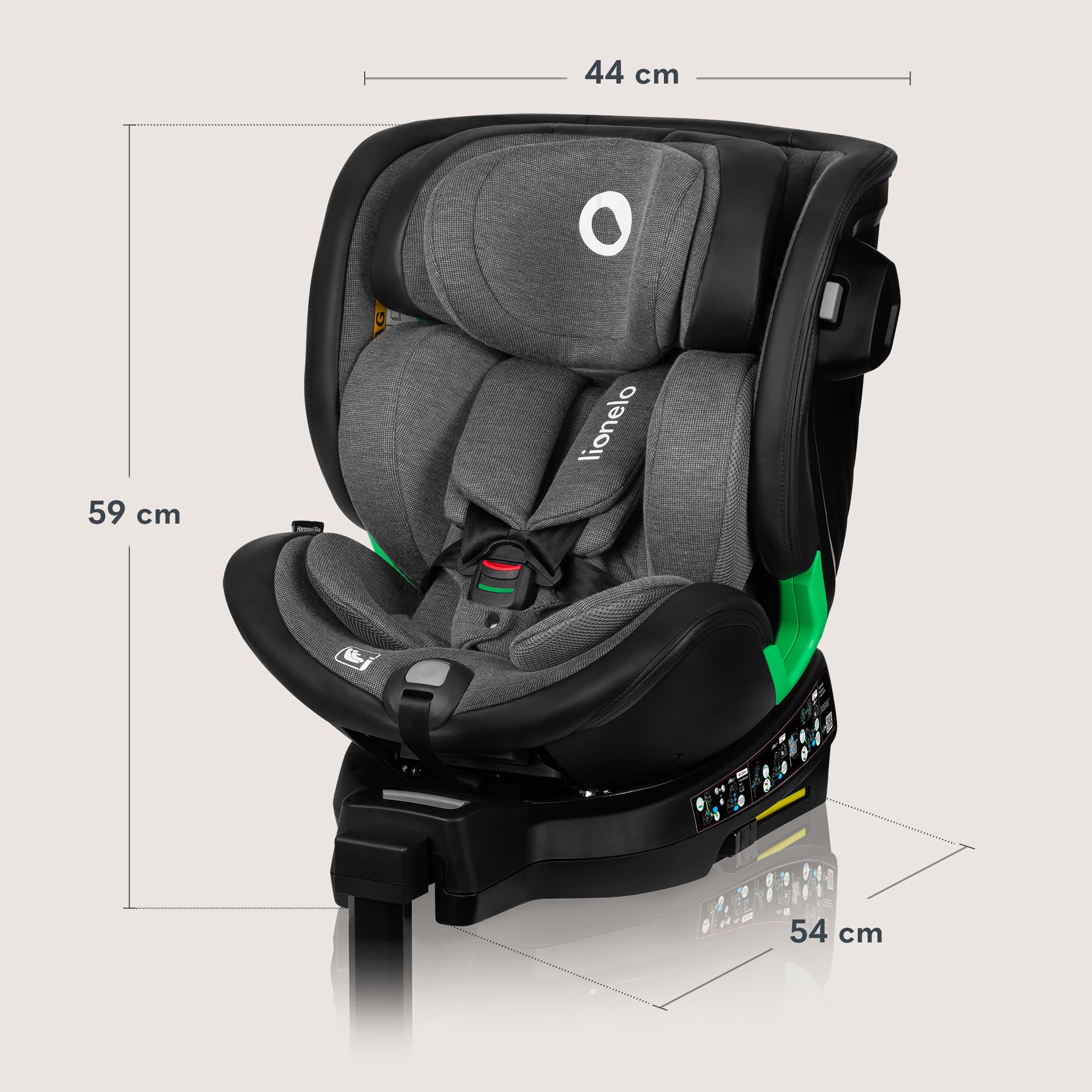 LIONELO HARMONY I-SIZE Silla Coche Bebé Giratoria 360o para Niños 40-150 CM, Fijación ISOFIX+Pata de Estabilización, Reposacabezas y Respaldo Ajustables, Reductor Dri-Seat (GRAPHITE LEATHER)