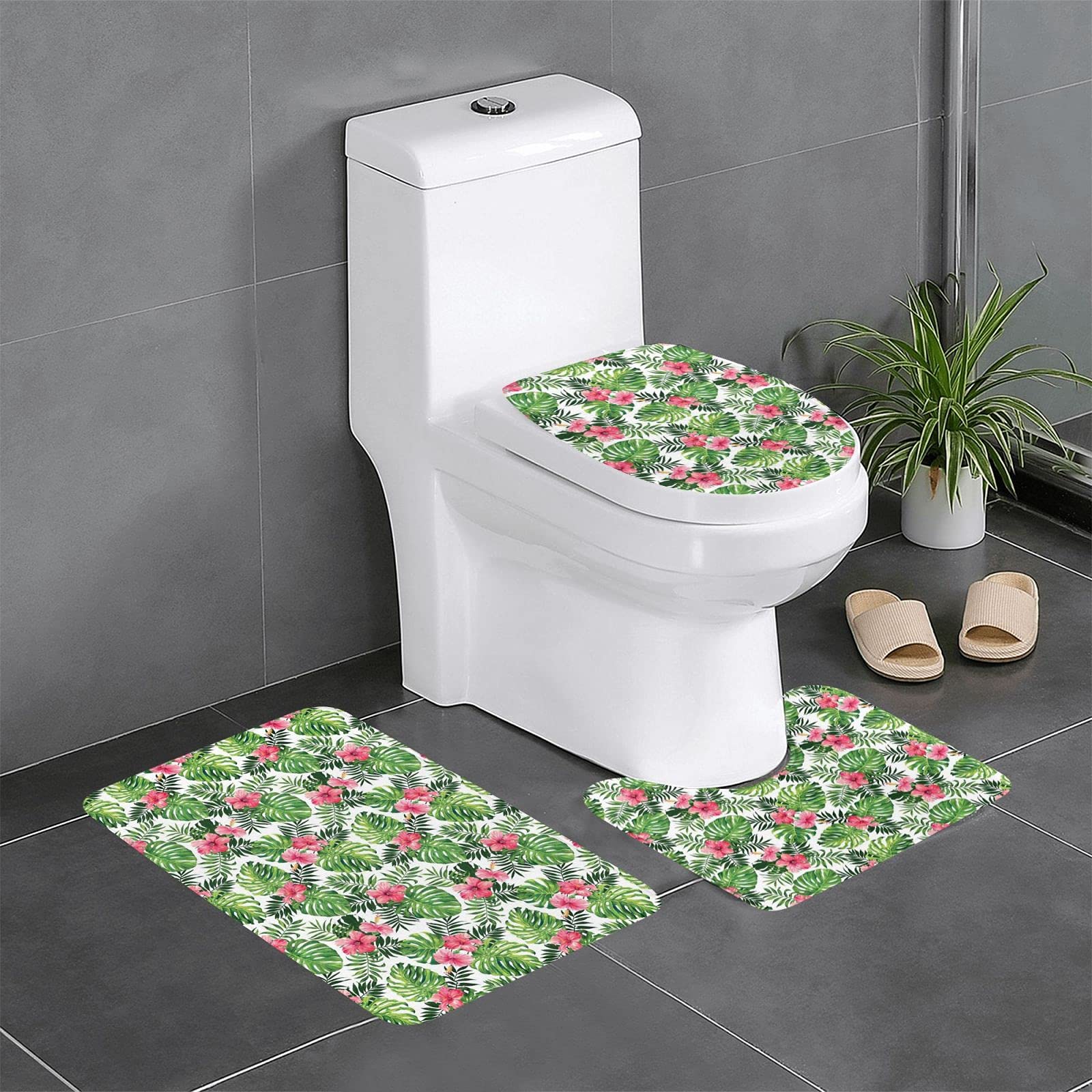 Tapis de salle de bain lot de 3 avec motif feuilles tropicales et contour WC assorti