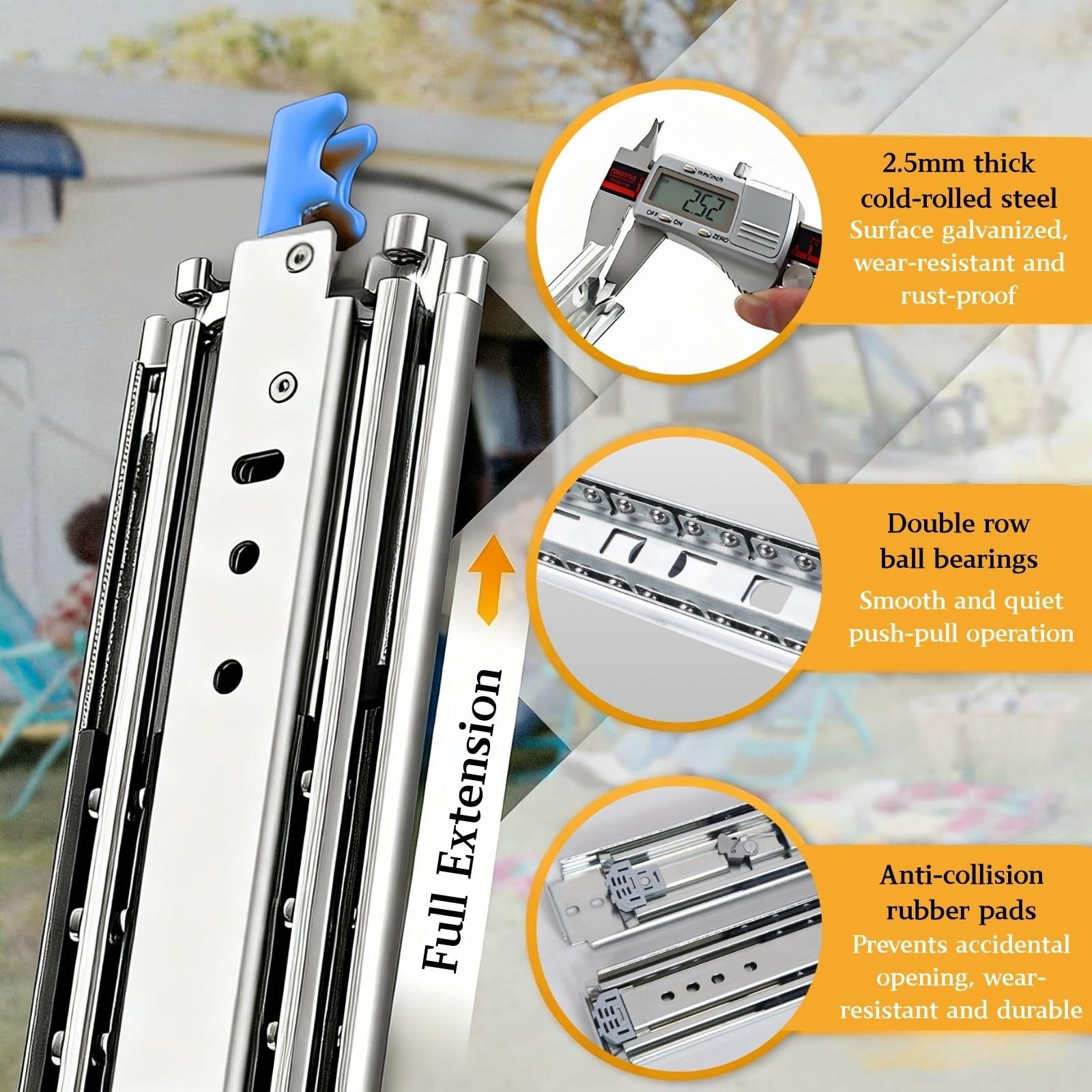 Heavy-Du Der Slides con serratura, carico massimo 220 kg, guide complete per cabina da 1500-2000 mm, montaggio laterale con cuscinetti a sfera, blu h, 250 mm/10 pollici