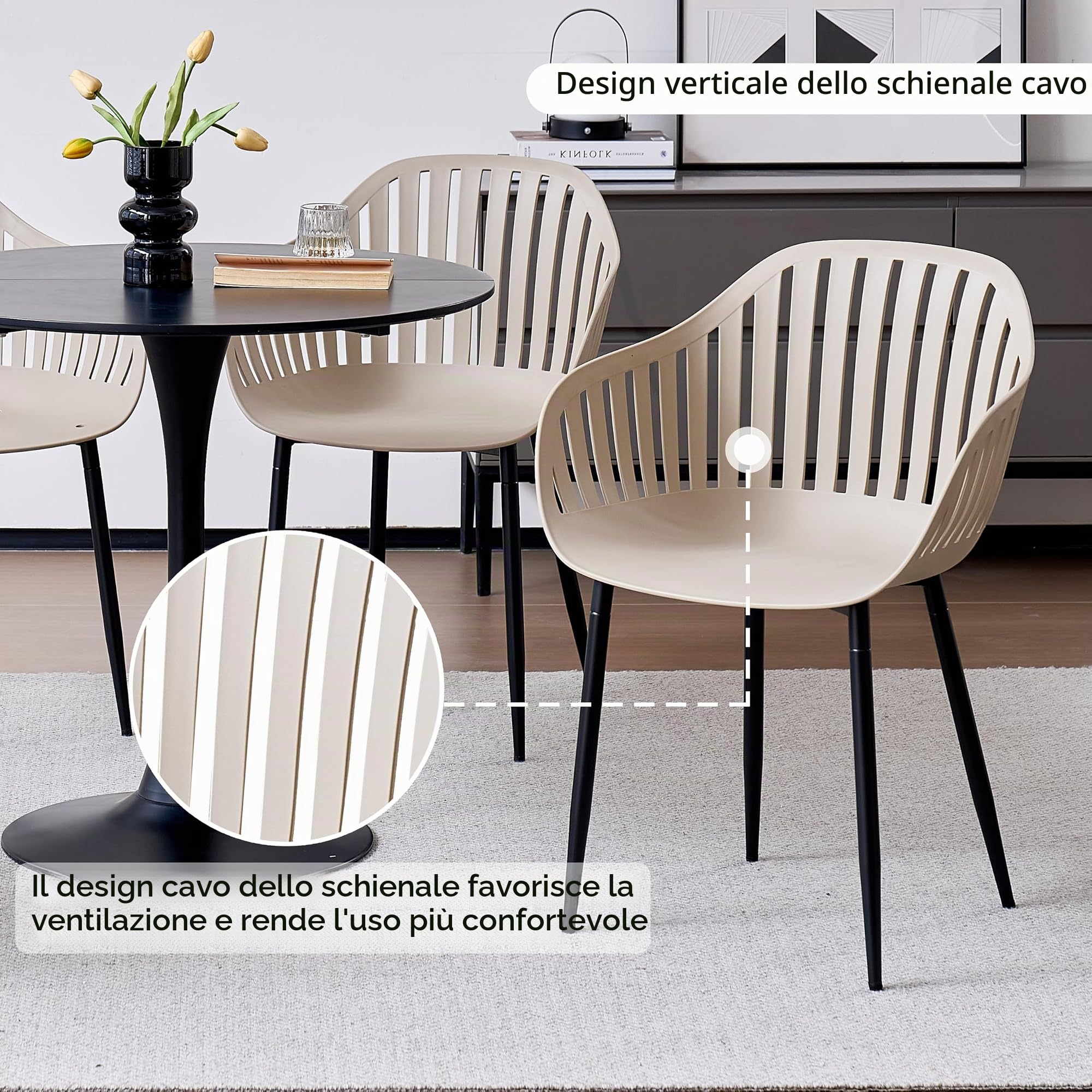 Set di 4 Sedie Sala da Pranzo, Sedia da Cucina con Braccioli, con Schienale Cavo e Seduta in Polipropilene, Adatte per Soggiorno, Balcone, Giardino - Cachi