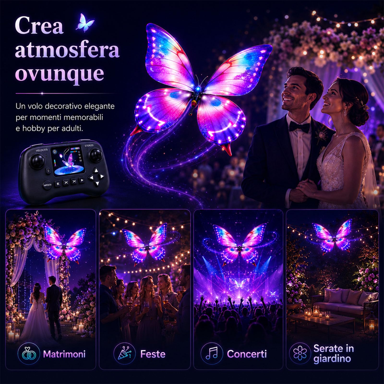 Drone Farfalla RC Bionico, Giocattolo Volante ad Ali Battenti con Luci LED e 3 Batterie, Controllo Assistito da Sensori per Principianti e Adulti