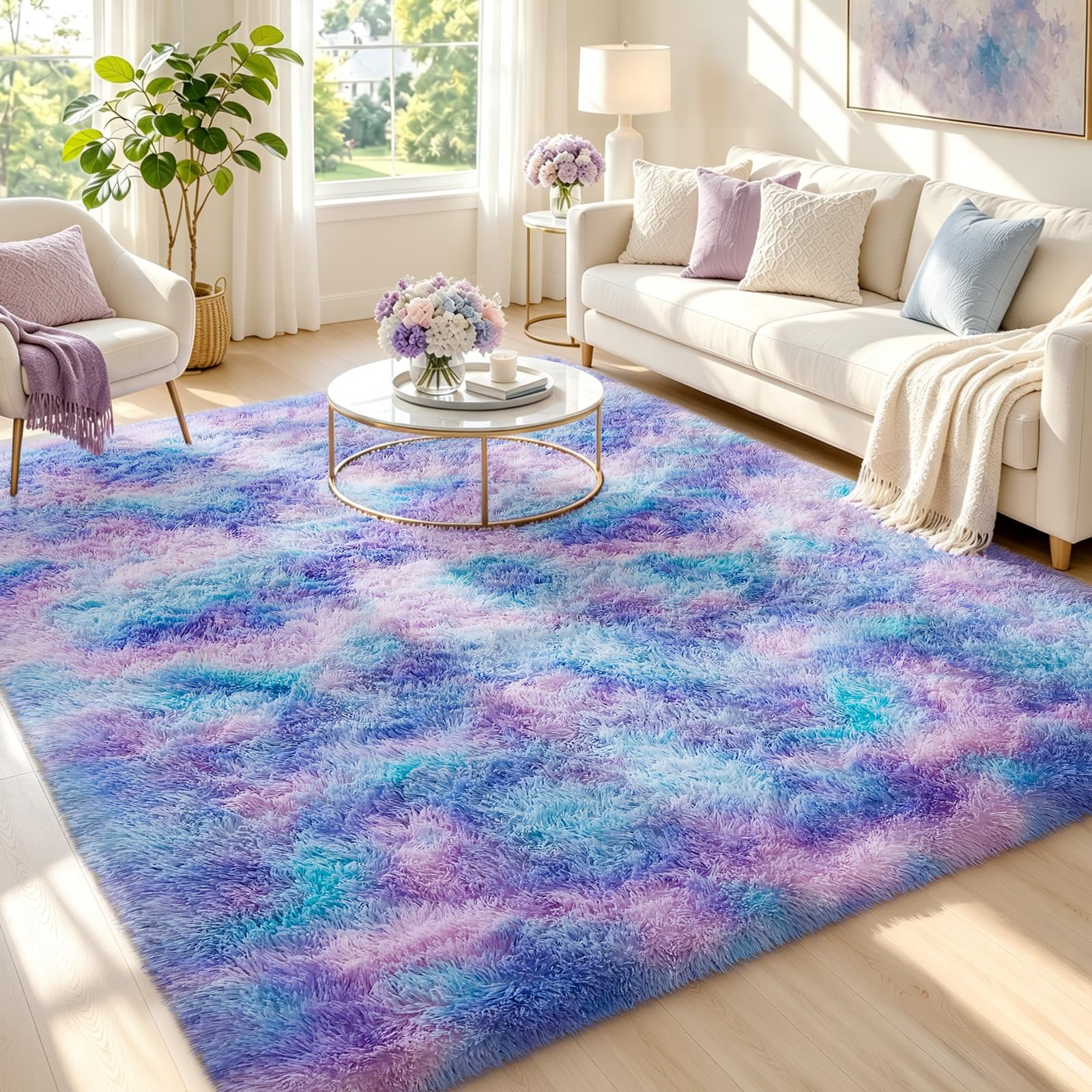 Ophanie Rainbow Purple Rug for Bedroom Girls,Unicorn Colorful Mermaid Fluffy Soft Cute Fuzzy Area Rugs,Shag Plush Shaggy 4x6 Furry Carpet for Kids Baby Teen Dorm Decor with Over 99 pcs Pile fibers