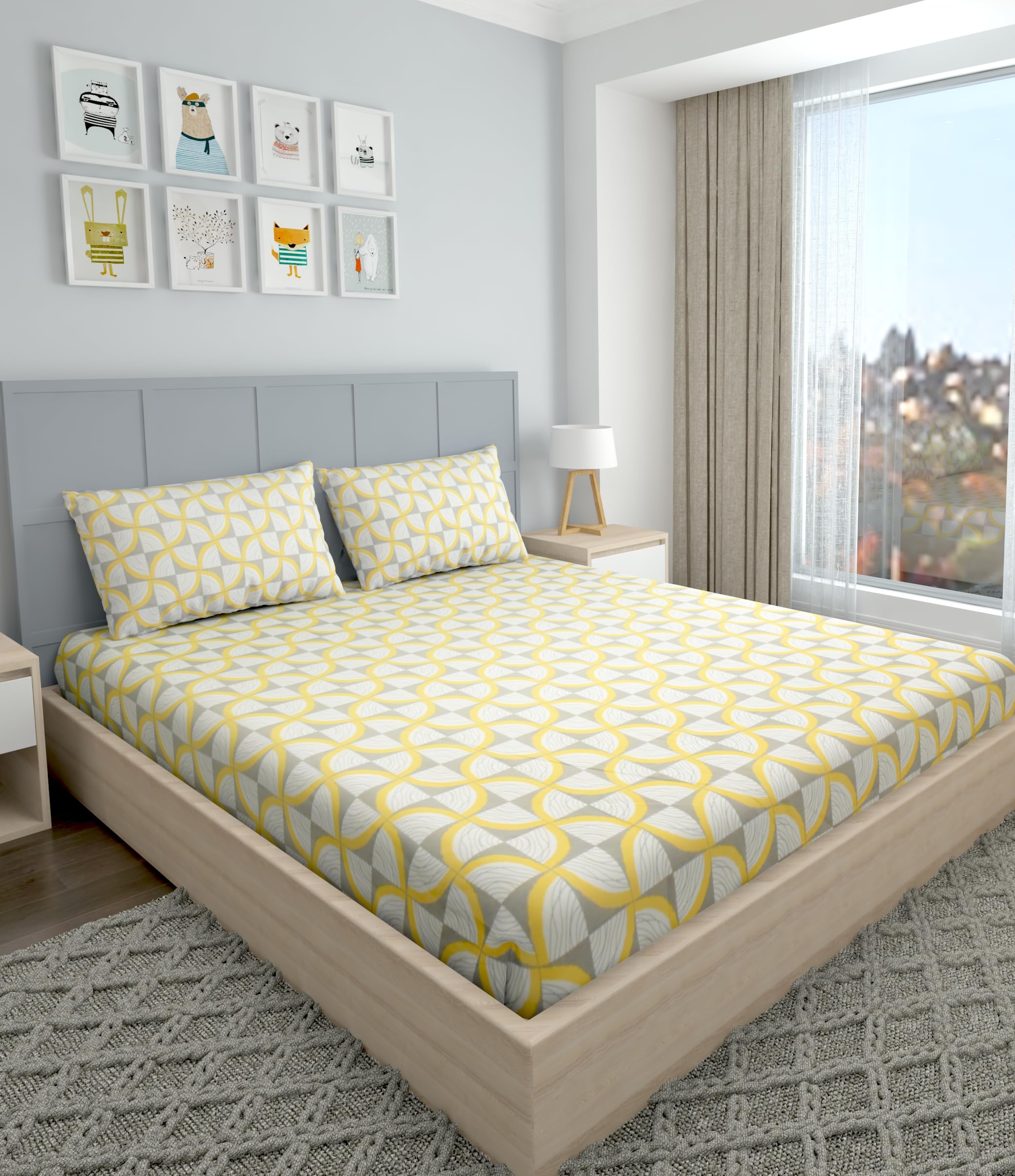 VOMZER Supersoft Cotton Feel 320 TC King Size Flat Printed Double Bedsheets Size (90x100 Inch) with 2 Pillow Covers White