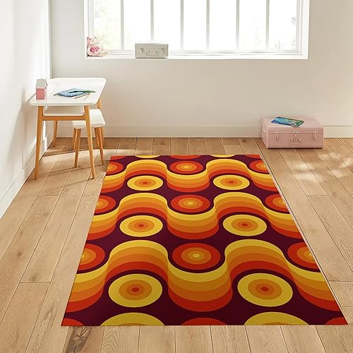 Groovy - Alfombra retro de los años 70S, color marrón naranja, lavable a máquina, alfombra geométrica abstracta neutra de pelo bajo, no desprende disponible en Yaxa Colombia