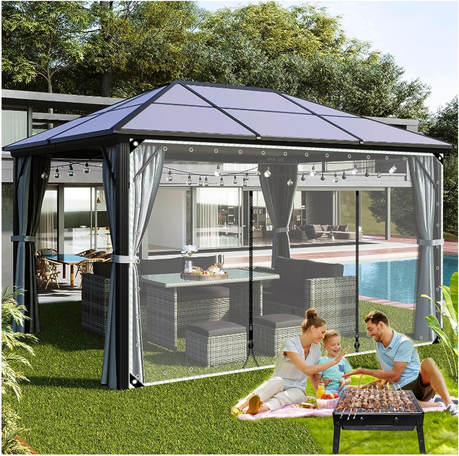 Clear PVC Tarp with Metal Grommet, Tear Resistant Waterproof 0.5mm, Deck Porch Patio Canopy Tarp, Tarp Curtain with Zipper, Gazebo Tarp Side Panel, Customizable(H2.9xL4m/H9.5xL13.1ft)