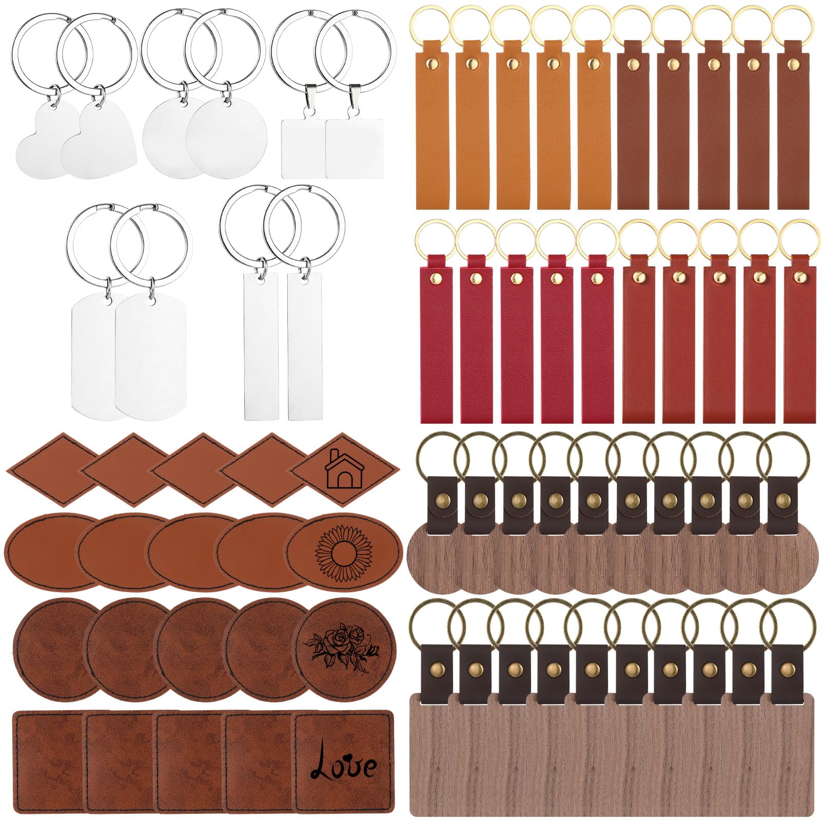 Landical 70 Pcs Laser Engraving Keychain Blanks PU Leather Keychain Kit PU Leather Hat Patches Wood Keyring Blanks Stainless Steel Keyring for DIY Presents Crafting Gifts Hat Backpack
