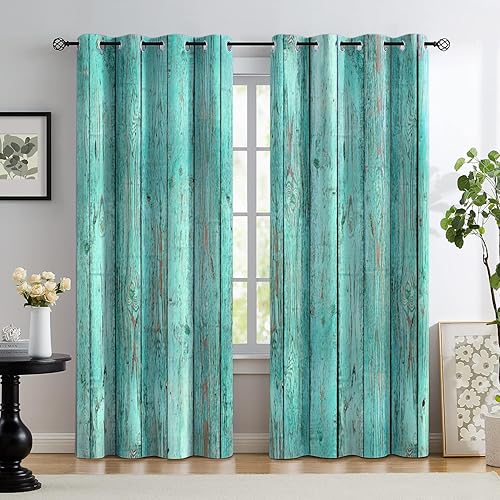 Renaiss Cortinas rústicas de madera verde azulado con tablones turquesas para ventana de sala de estar, estilo vintage del suroeste, paneles de