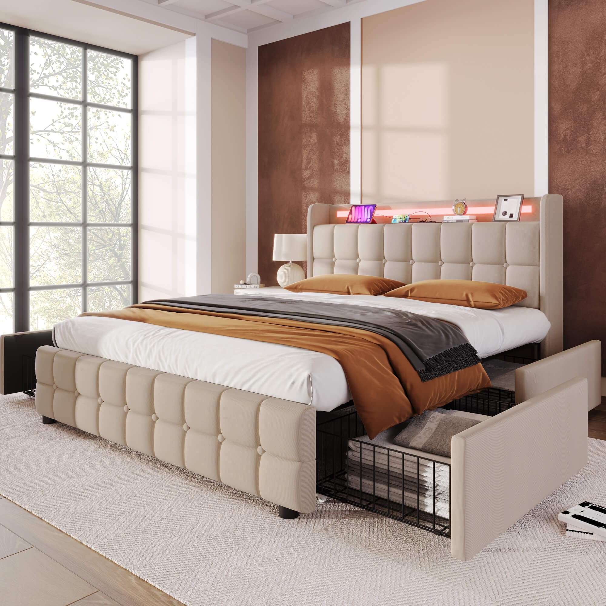 KSFASHZ Gestoffeerd bed 140 x 200 cm met opbergruimte, modern tweepersoonsbed met LED en USB, gestoffeerd met Canapé-bed, 140 x 200 cm, met hoofdeinde, voor volwassenen met lattenbodem, zonder matras