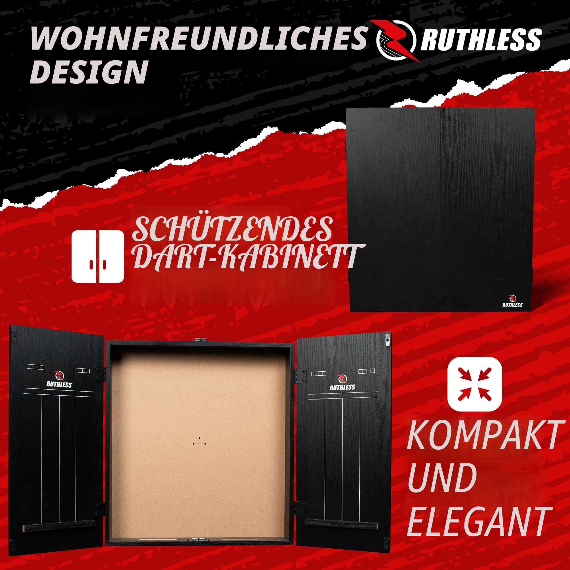 Ruthless Home Darts Center | LED-Lichtoptionen | Home Dart Board Center inkl. Schrank, Dartscheibe und 2 Sets Dartpfeile (USB)
