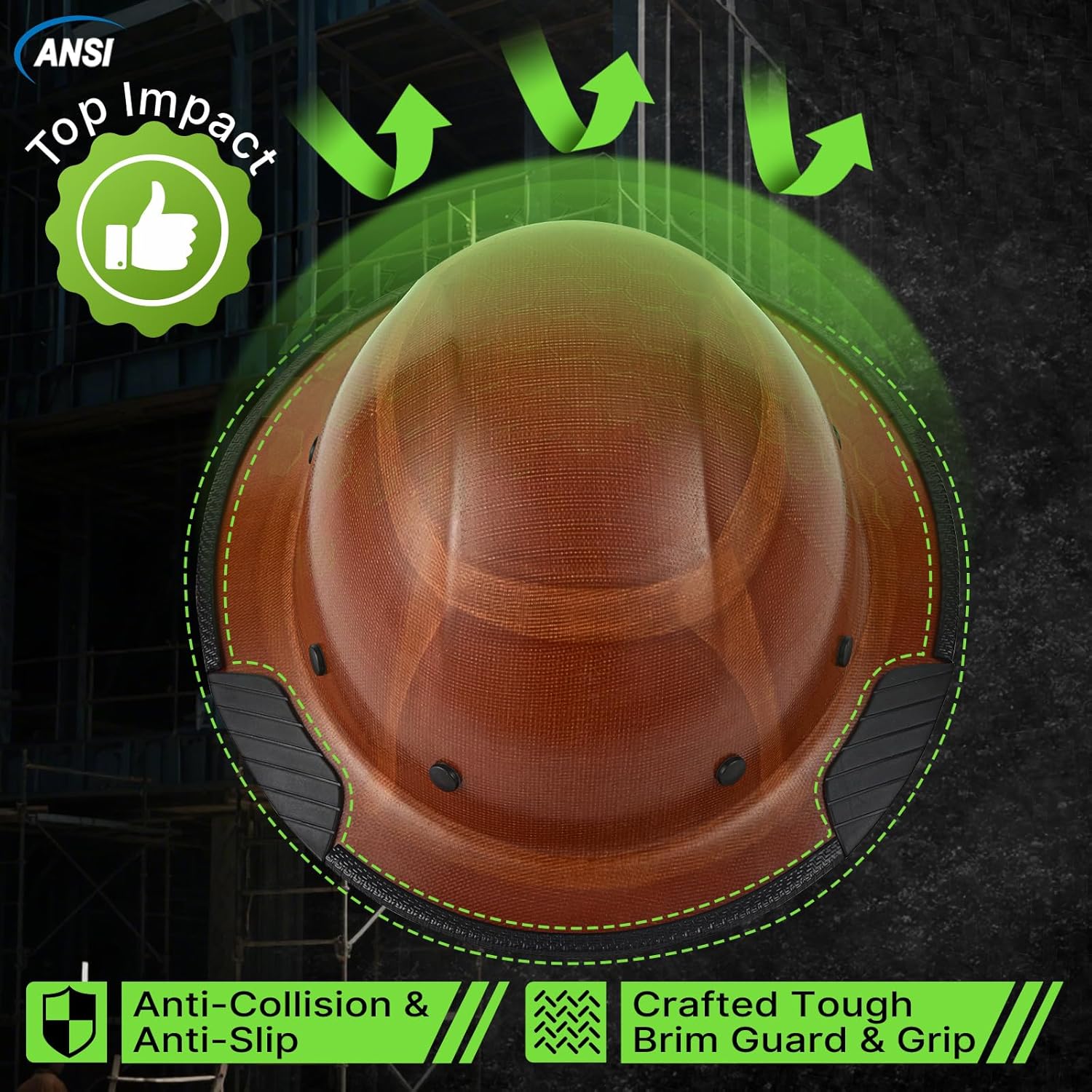 Aolamegs Fiberglass Full Brim Hard Hat - OSHA Approved Construction Safety Helmet Hard Hat with Chin Strap, ANSI Z89.1 Type 1 Class G Brown Fiber Hard Hats with Brim Guard for Men, 8 Point Suspension