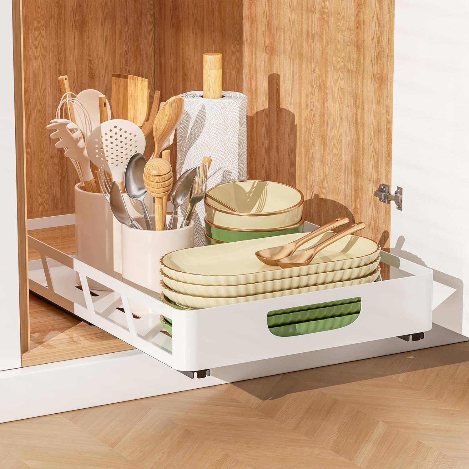 XLP Pull Out Cabinet Organizer 16" Deep, Heavy Duty Slide Out Drawers, Adhesive or Drill Roll Out Shelf with Damping Rail for Kitchen, Bathroom, Pantry, Cupboard(11.73" W X 16.46" D X 3.15" H, White) 11.73"W X 16.46"D X 3.15"H