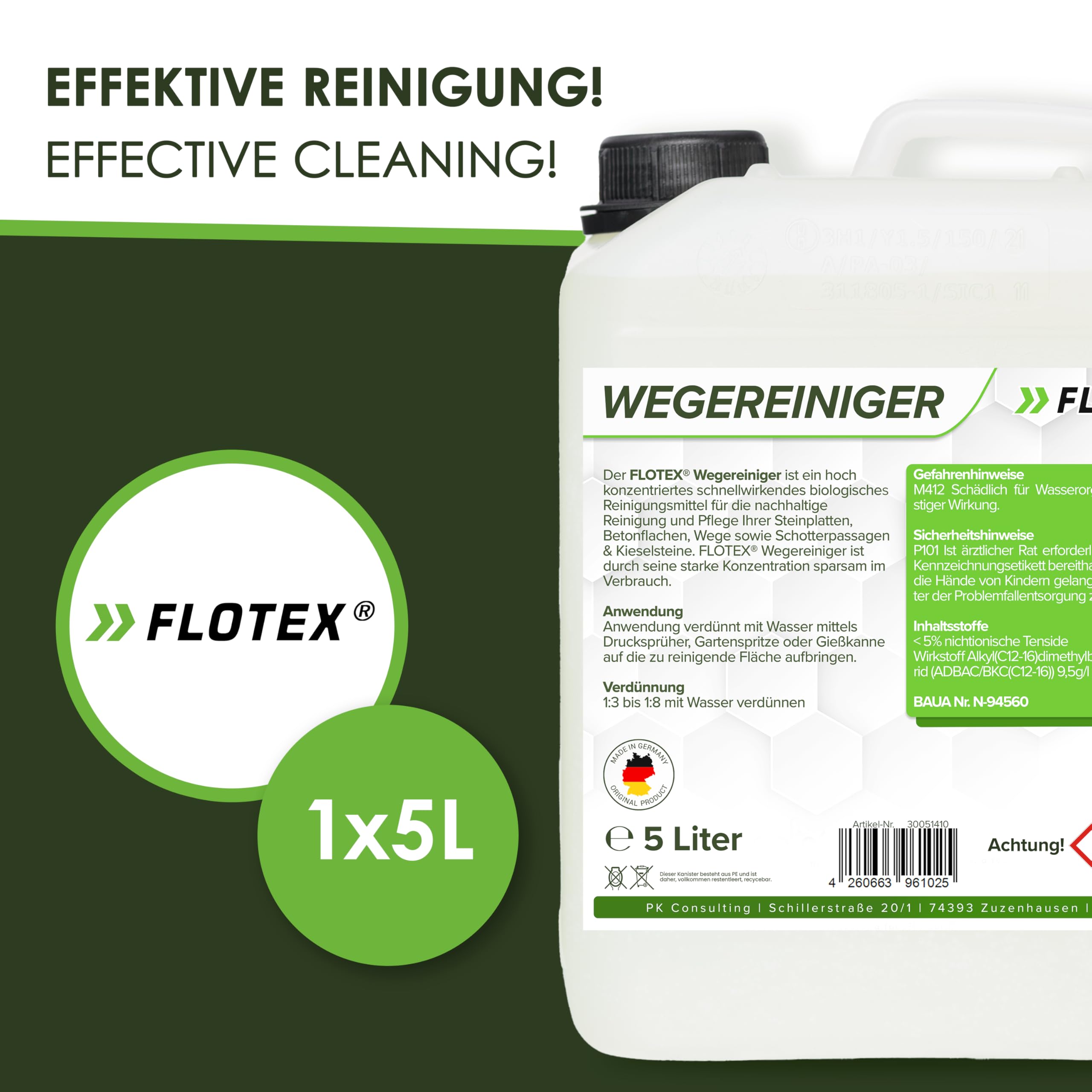 Hocheffektiver Wegerein 1x5 Liter | Steinreiniger Intensiv Aussen entfernt starke Verschmutzungen | Flechtenentferner für Pflastersteine, Terrassenplatten & Beton | Made in Germany