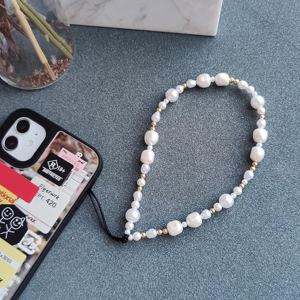 WCCH Beaded Phone Charm Y2K Kawaii Handmade Acrylic Phone Lanyard Wrist Strap for Camera Bag Airpods Keychain Charm Gold and White Pearls — view 4