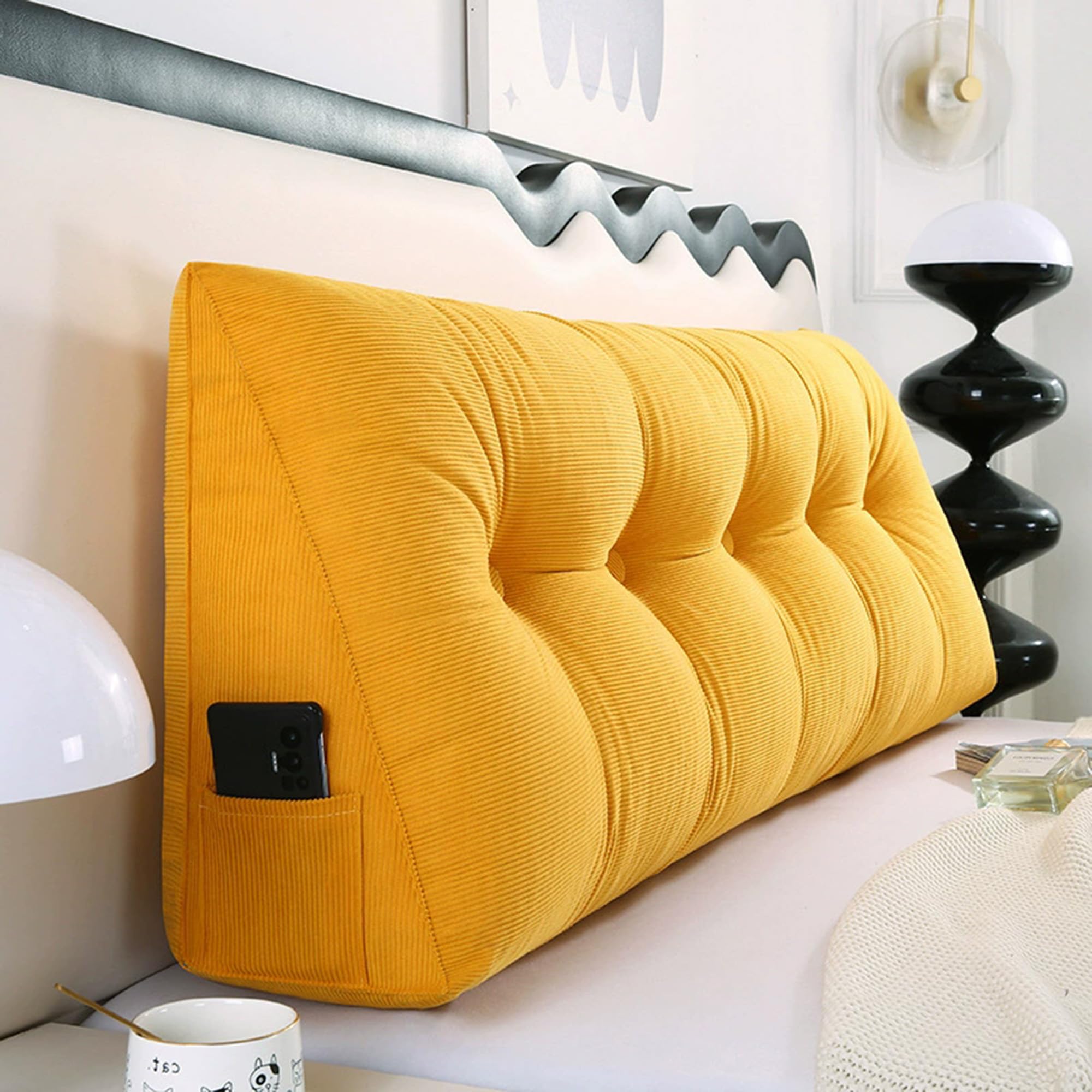Hruile Wedge Back Lumbar Pillow, Triangular Headboards Pillow, Cosy Back Cushion for Sofa and Bed, Reading Cushion with Side Pocket, Sofa Daybed Positioning Bolster (180x50x20cm,Yellow)