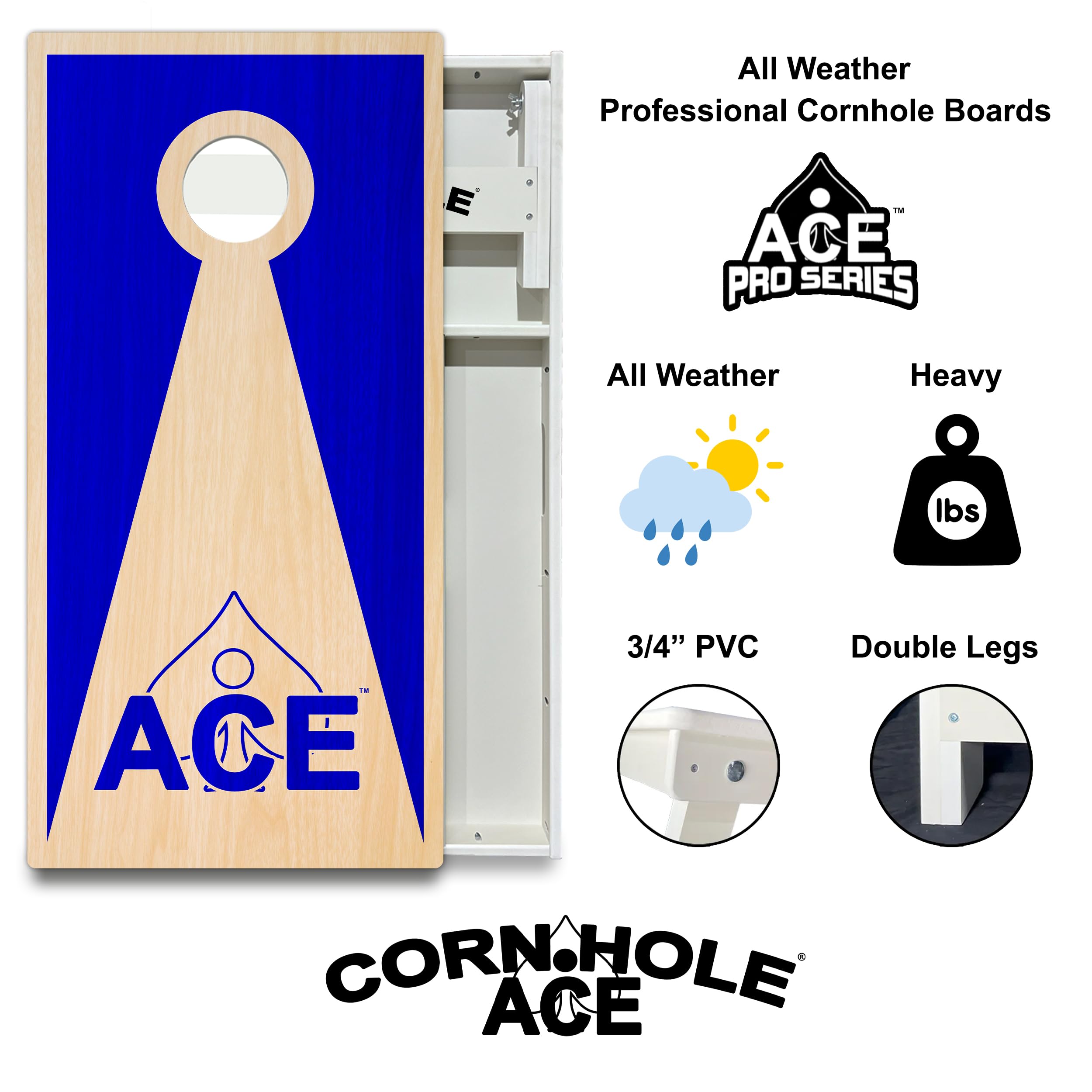 CornholeAce Navy Blue Inverse Triangle All Weather Pro Cornhole Board Set - Waterproof 4x2 Regulation Size, Made in USA, Triple Wide Legs, 3/4
