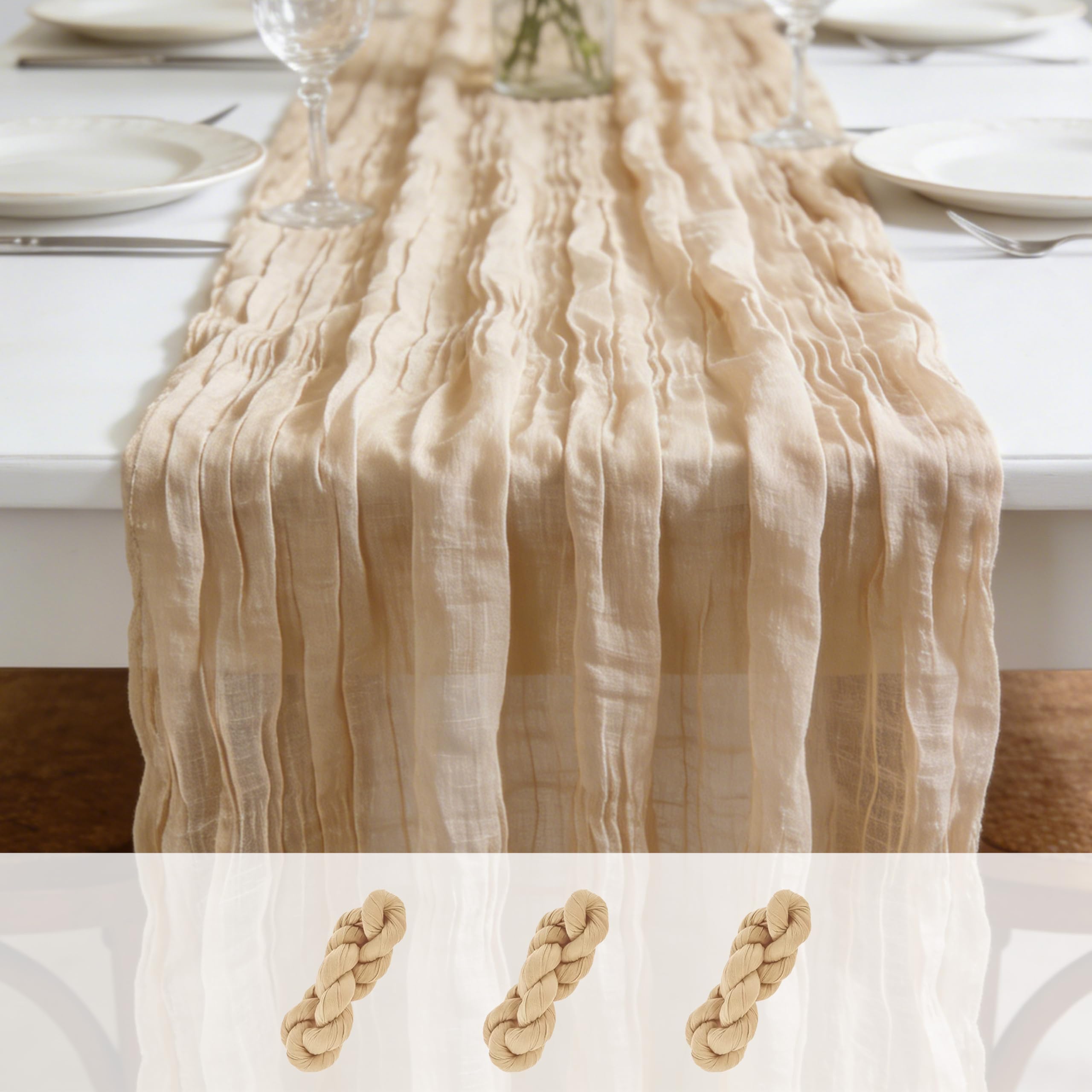 sxvblly 3PCSBeige Cheesecloth Table Runner 90×300cm Boho Gauze Rustic Spring Easter Table Runner for Baby Shower Wedding Decorations Bridal Shower Birthday Party Tea Party Decorations(10Ft)