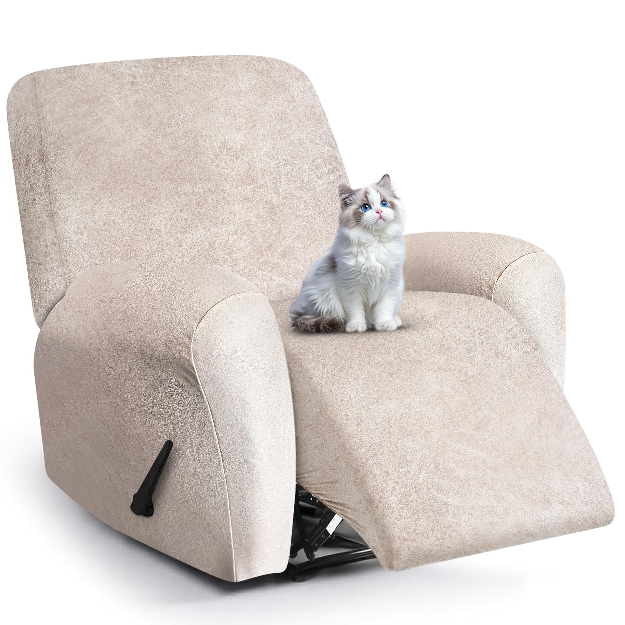 Photo 1 of ANARACHON Leather Look Recliner Chair Covers, 4-Pieces Stretch Recliner Cover, Soft Reclining Chair Slipcover, Washable Furniture Protector for Pets (1 Seater, Beige)