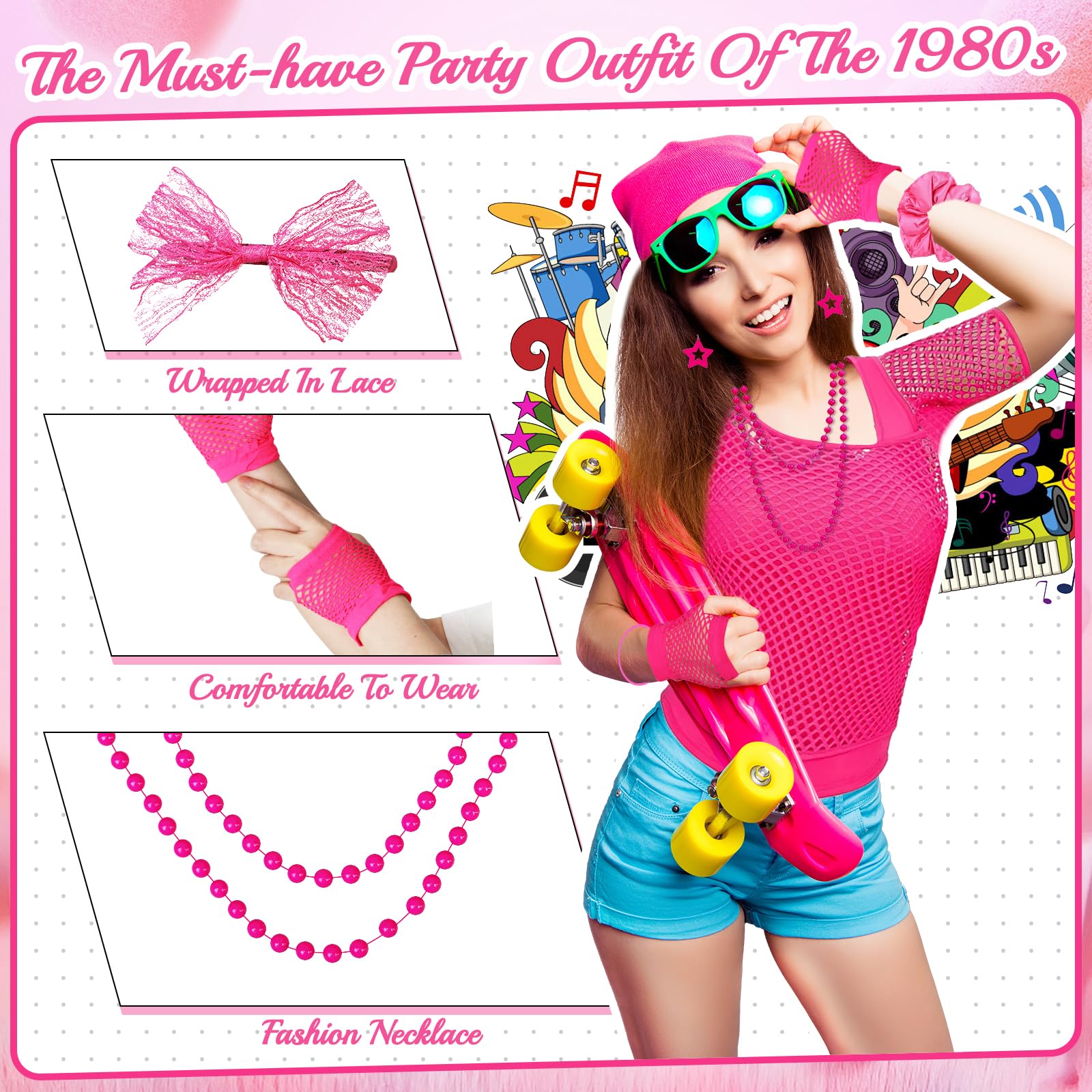 Saier tbo 20Pcs 80s Costume Accessories Set for Women, 1980s Fancy Dress Outfit Kit with Fishnet Top Tank Top Leg Warmers Fishnet Gloves for Girls 80s Theme Party Disco Party Cosplay Dress Up - Image 4
