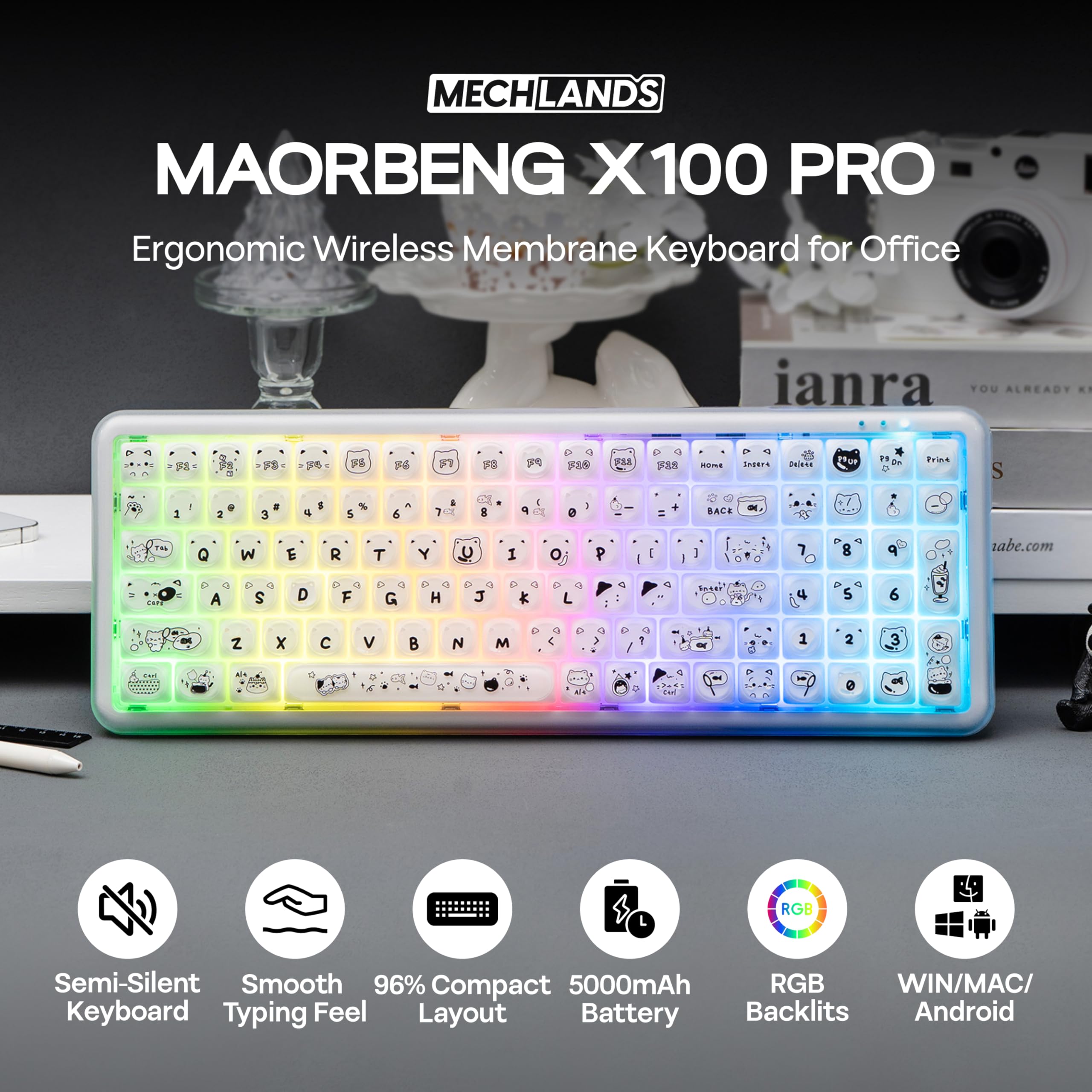 MechLands X Maorbeng X100 PRO Tastiera da gioco a membrana con tastierino numerico, retroilluminazione RGB, tastiera wireless per computer con batteria da 5000 mAh, BT/2.4G/USB-C, layout al 96% per