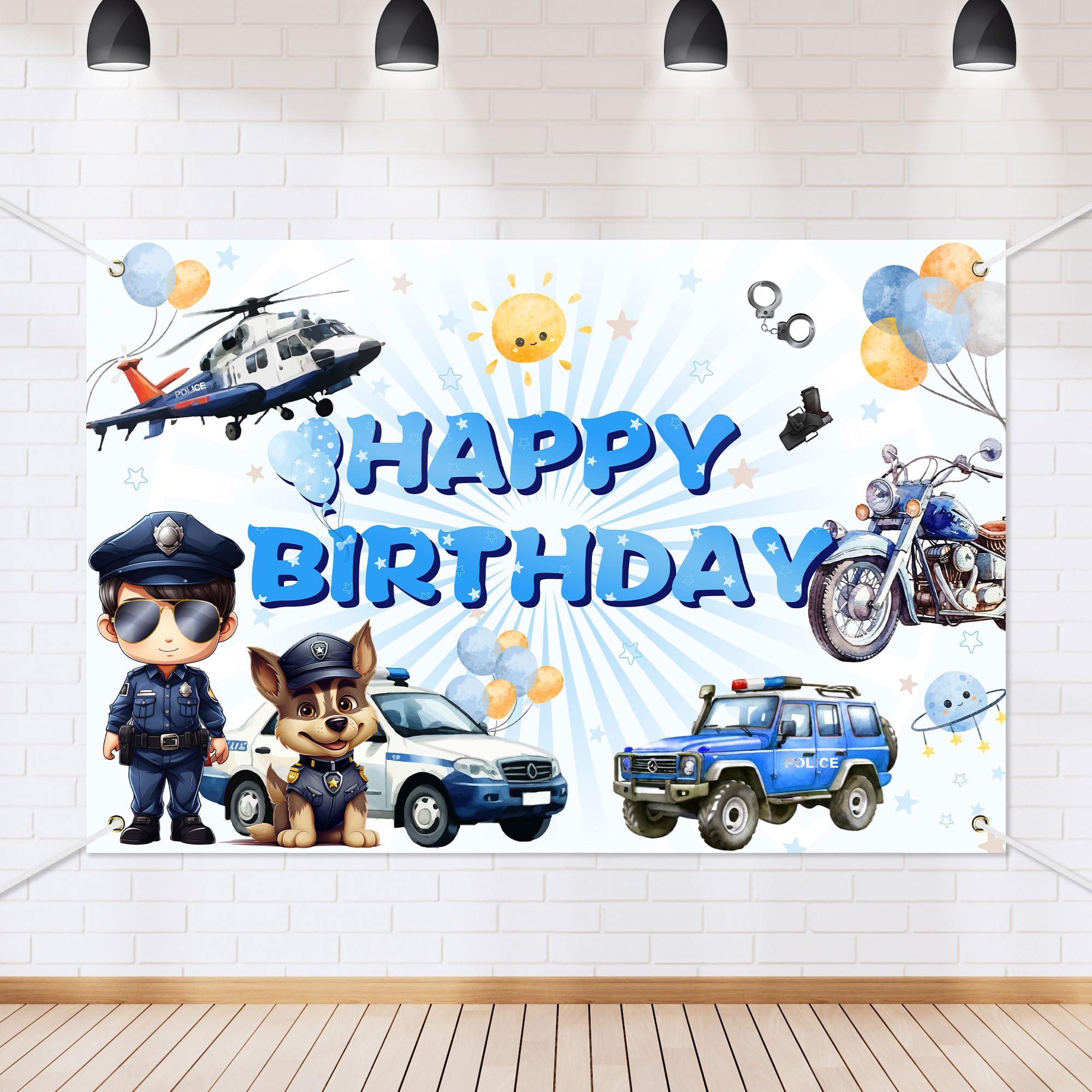Policeman Happy Birthday Backdrop Banner Cartoon Police Car Helicopter Dog Police Theme Background Decor for Kids Boys Girls Birthday Party Favors