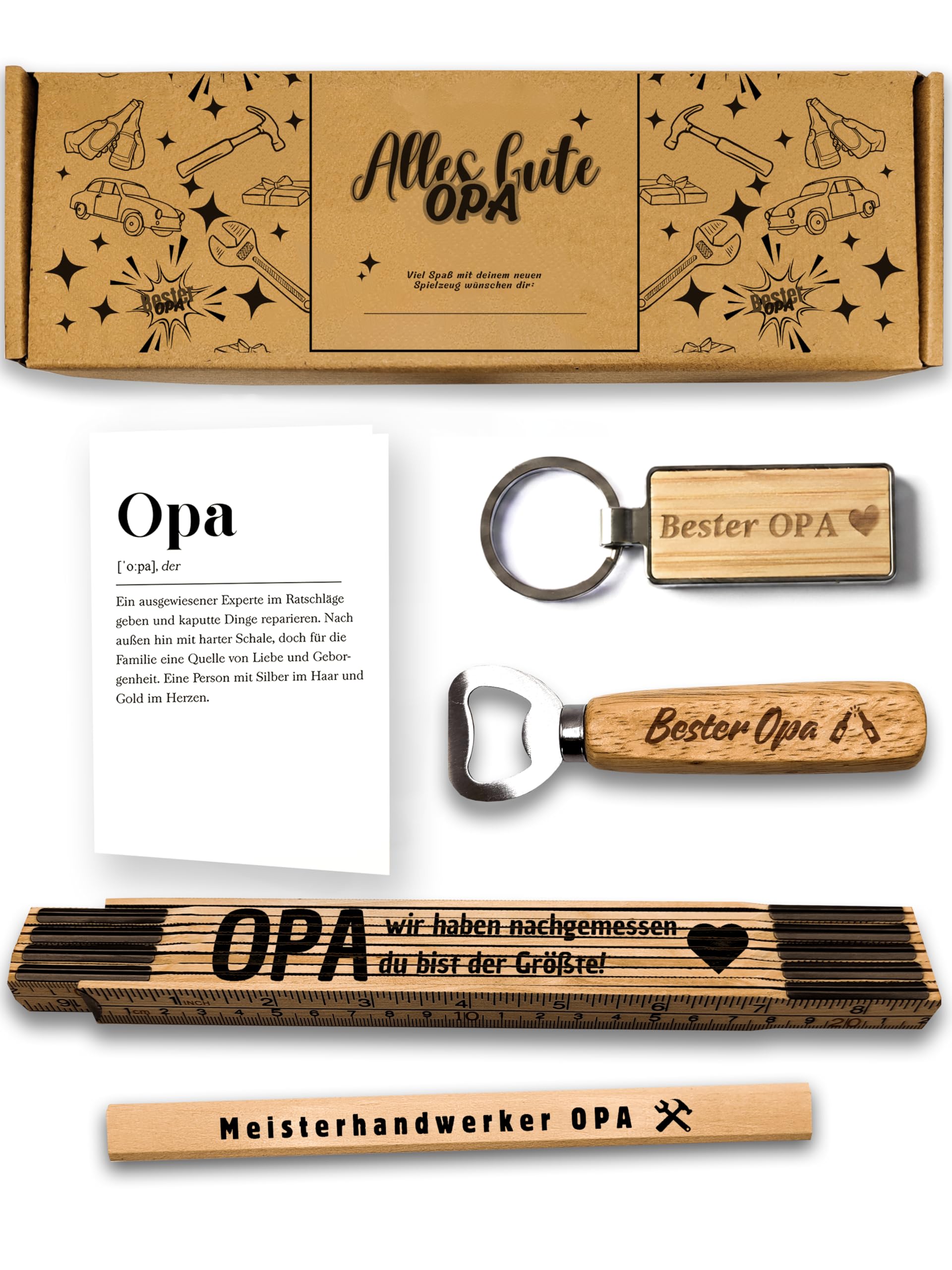 Presentix® Opa Geschenkset (Flaschenöffner, Zollstock, Bleistift & Schlüsselanhänger) Geschenke für Großväter, Geburtstagsgeschenk für Männer, Opa Geschenk