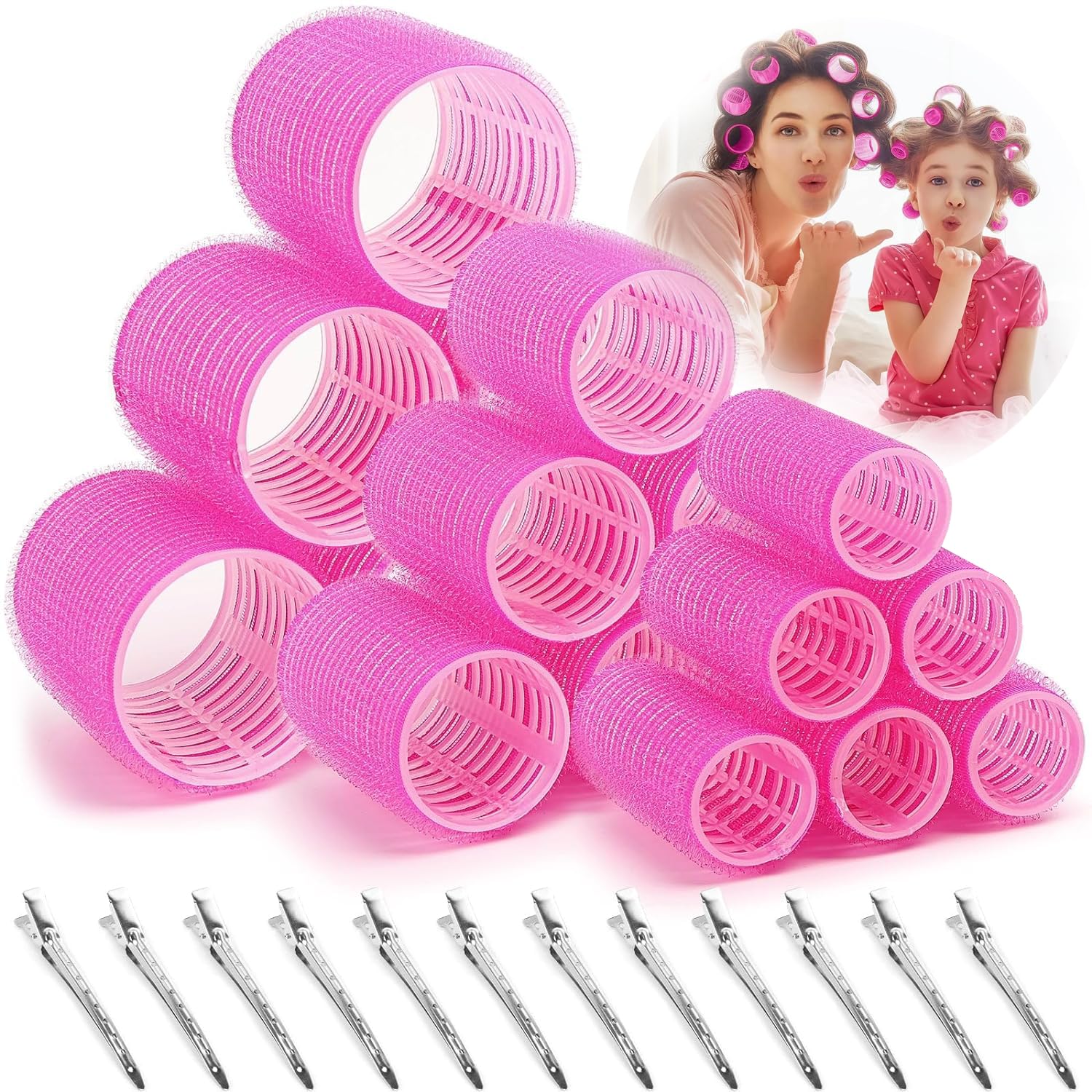 STAYOUNG Hair Roller Set - 18pcs, 3 Sizes, 10 Clips, Curlers for Long & Short Hair, Bangs, Barber & Hairdressing (Pink)