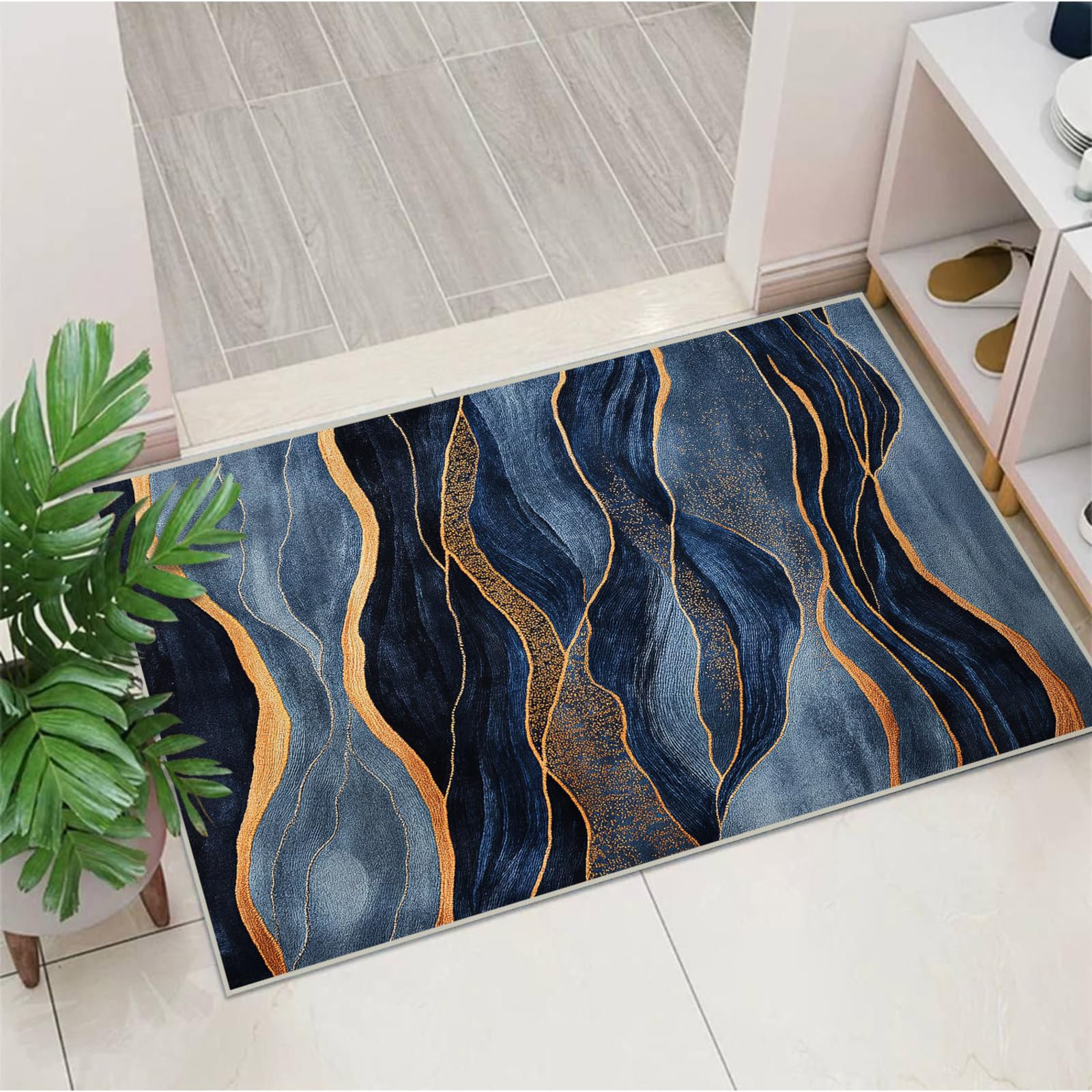 Abstract Area Rug Washable 2x3 Rugs for Living Room Bedroom Modern Navy Blue and Gold Non-Slip Soft Floor Large Carpet for Office Entryway Bathroom
