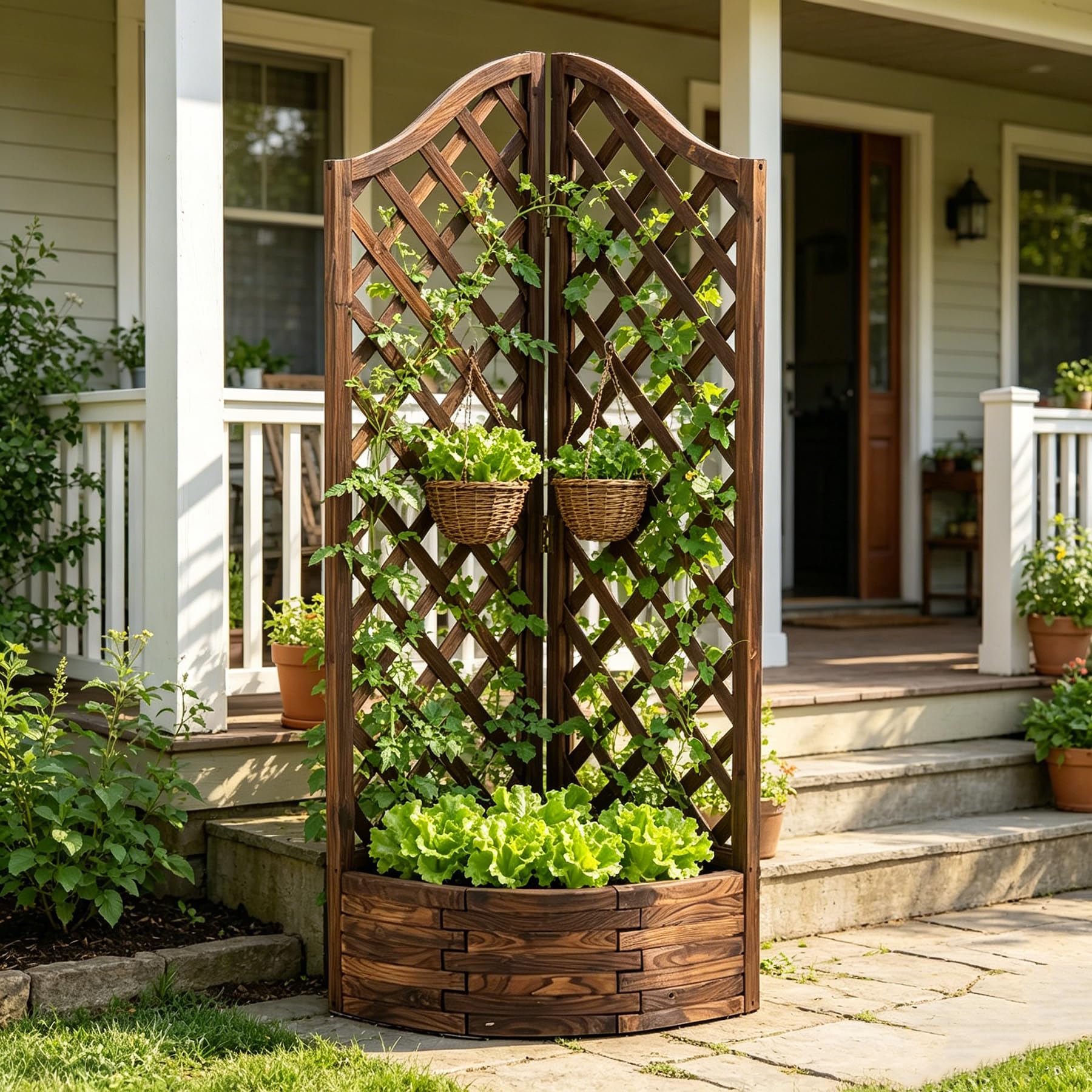 Fioriera con Traliccio 67x45x150cm, Aiuola Rialzata in Legno Carbonizzato, Porta fiori con Grigliato, Supporto per Piante Rampicanti, Porta Piante da Esterno per Giardino, Balcone