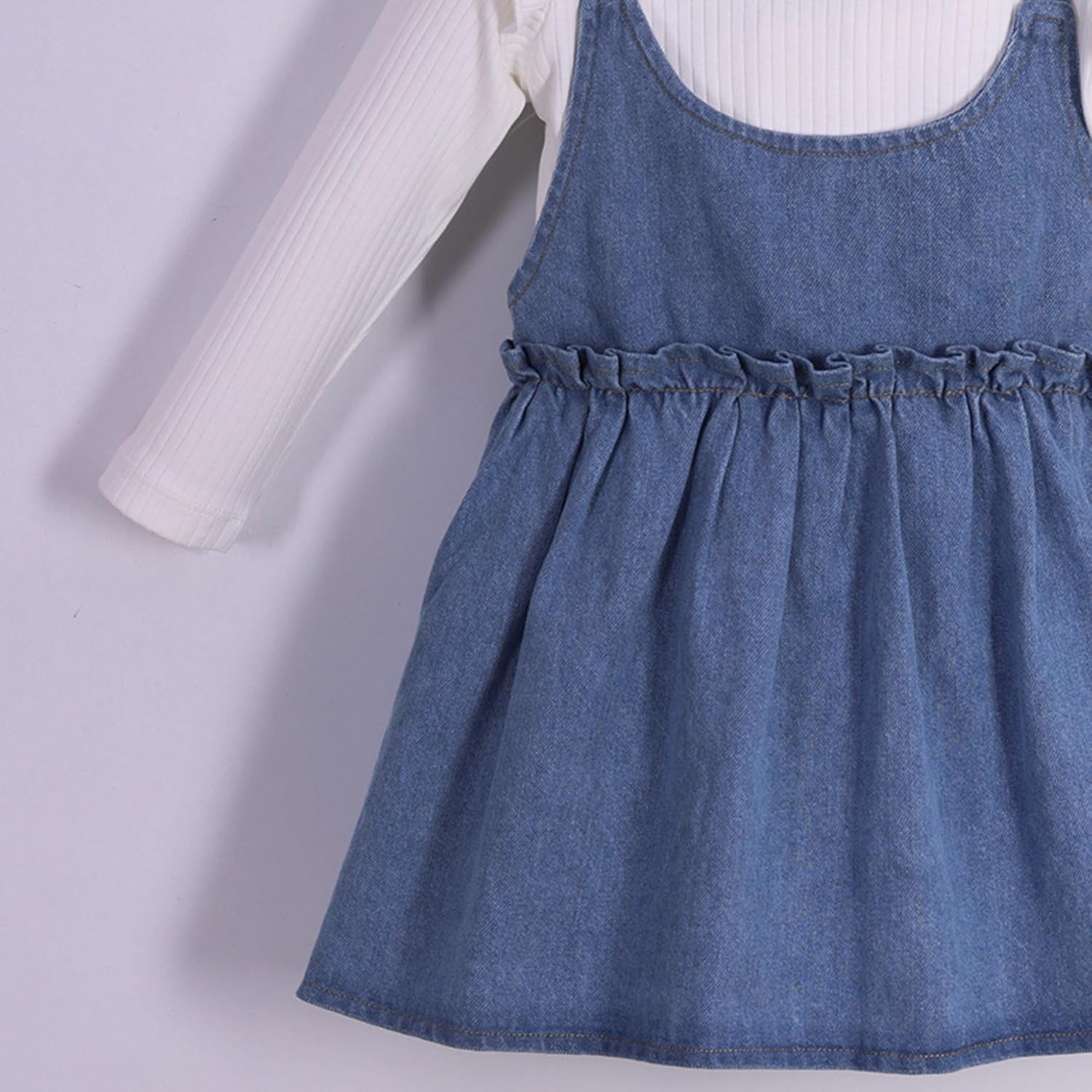 POLLİTO Set for Girls Denim Pinafore Dress and Sweatshirt | Ruffled Sweatshirt and Denim Pinafore Dress | Outfits for Girls - Image 3