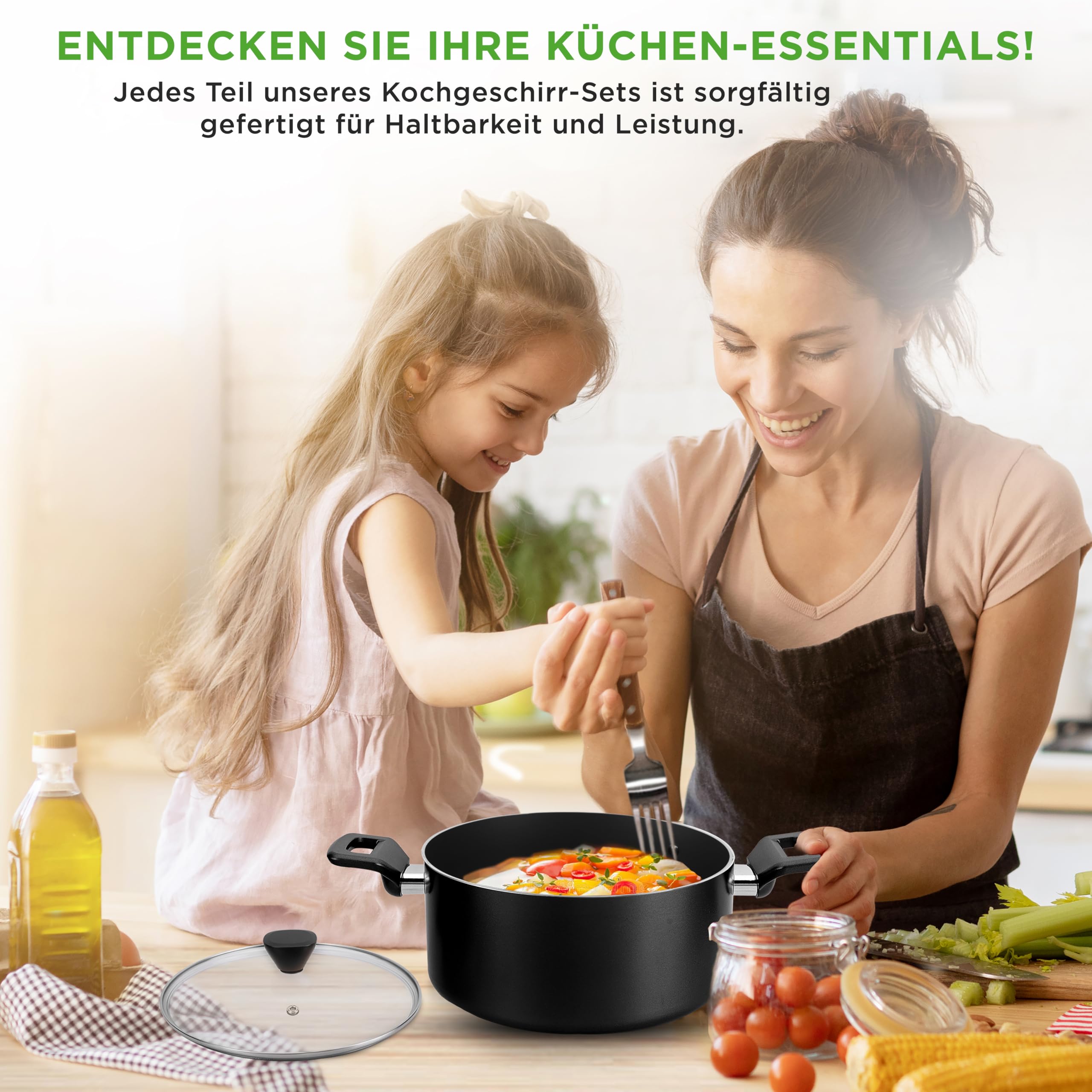 NutriChef Topf und Pfannenset, 13 Teilig- Kochgeschirr Set, Cookware Set- mit durchsichtigen Deckeln, 2x Kochtopf, Bräter, Sauteuse, 2x Bratpfanne, Pastalöffel, Suppenkelle & Pfannenwender, Schwarz