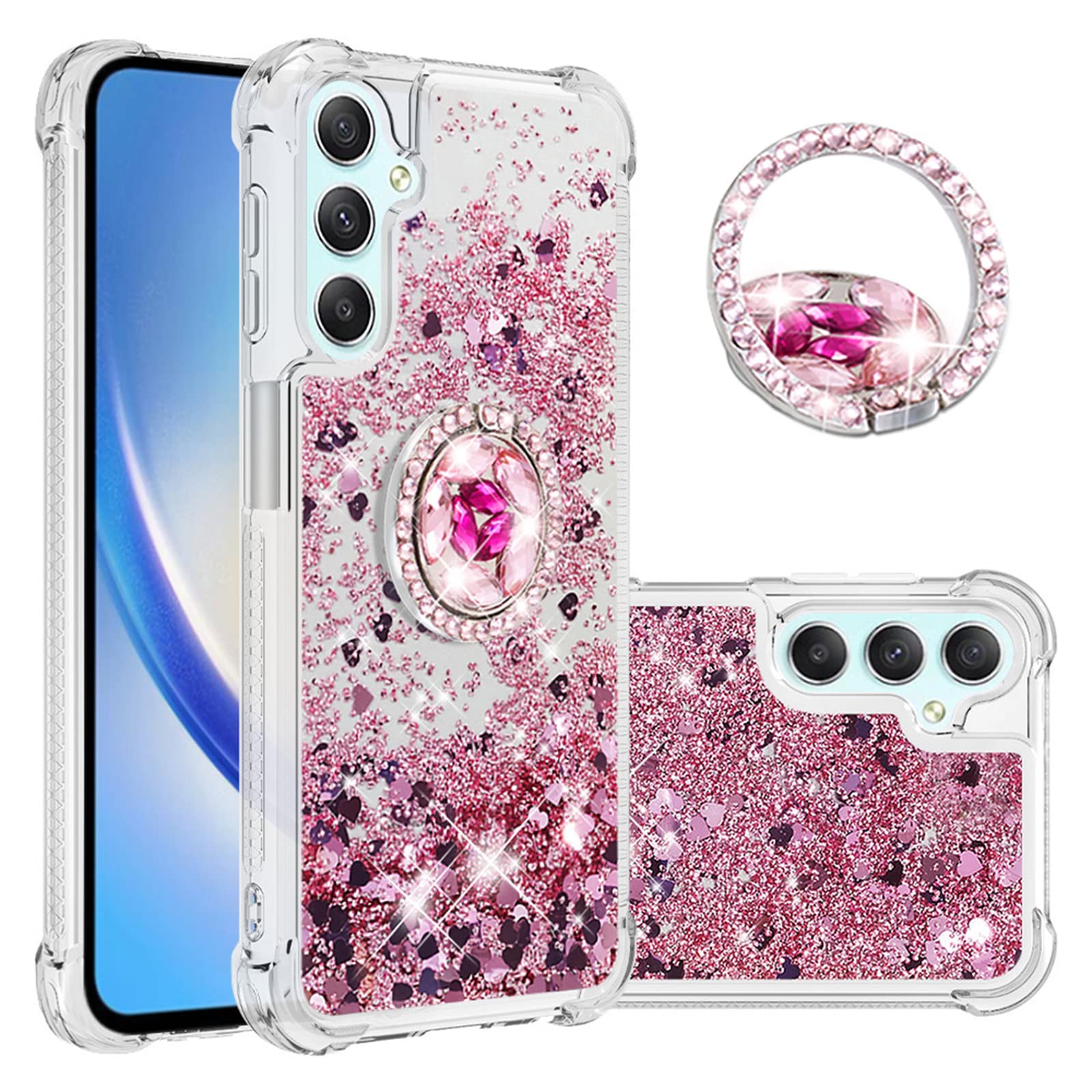 Ysnzaq Liquid Case for Samsung Galaxy A24 4G 6.5", Soft Silicone TPU Glitter Cover Bling Sparkle Quicksand Flowing Shockproof with Kickstand Bumper Case for Samsung Galaxy A24 4G.YBZ Rose Gold