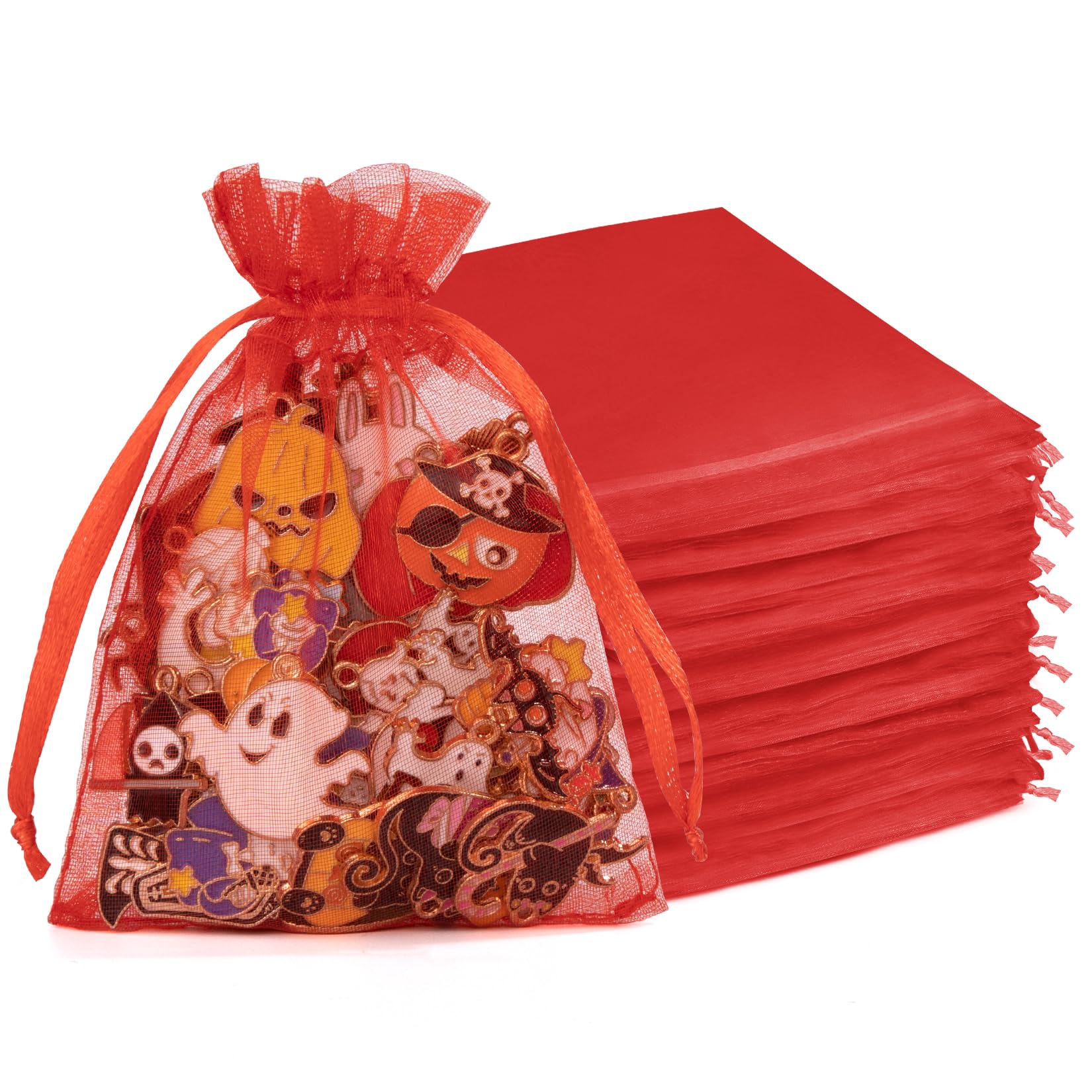 Crweety 50 Pcs Organza Bags 4x6, Red Small Mesh Gift Bags Drawstring Bulk
