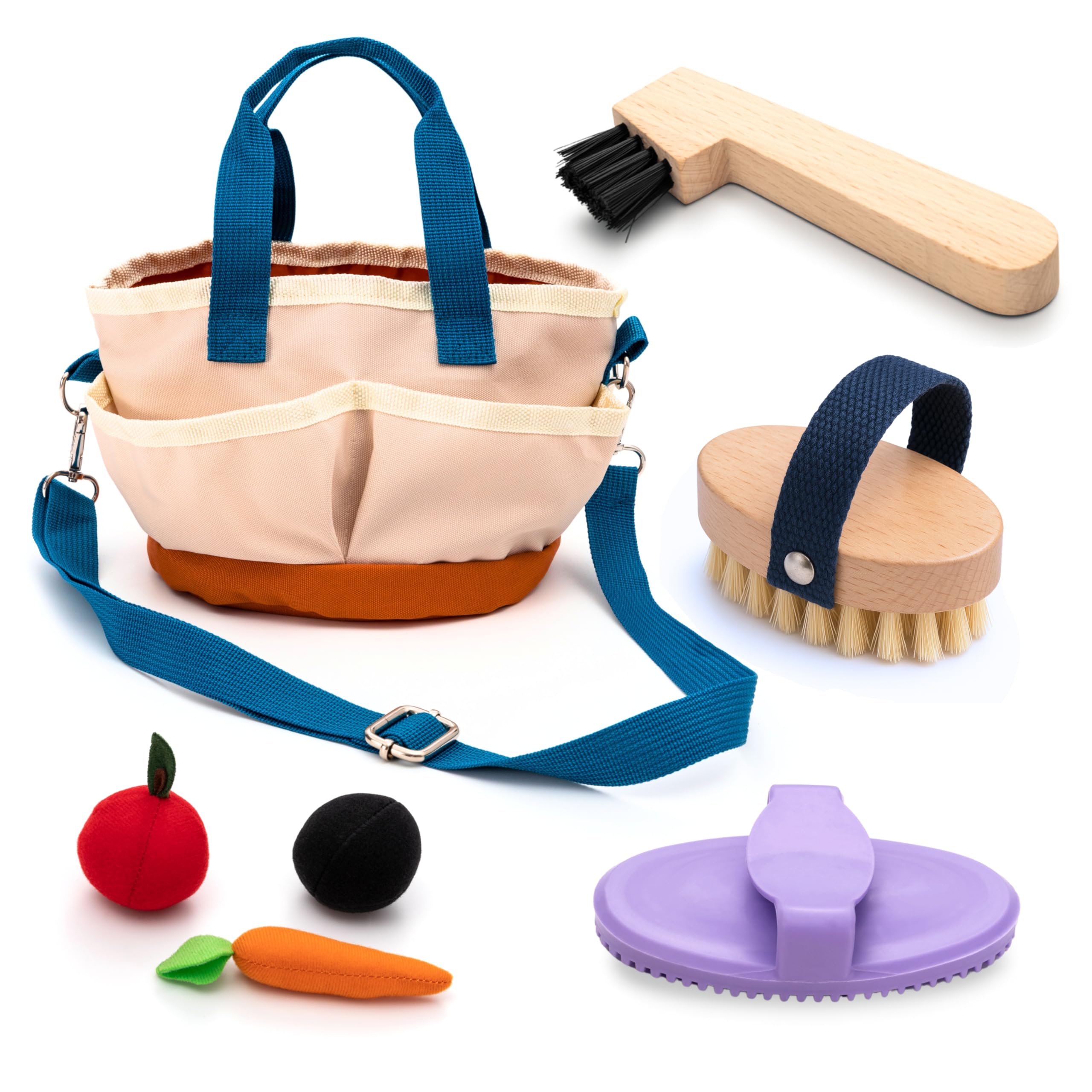Hoofly Hobby Horse Zubehör – Pflegeset für Kinder mit Tasche, Bürste, Striegel & Hufkratzer [TÜV geprüft] - Pferdeputzzeug für Steckenpferd & Holzpferd - Geschenk