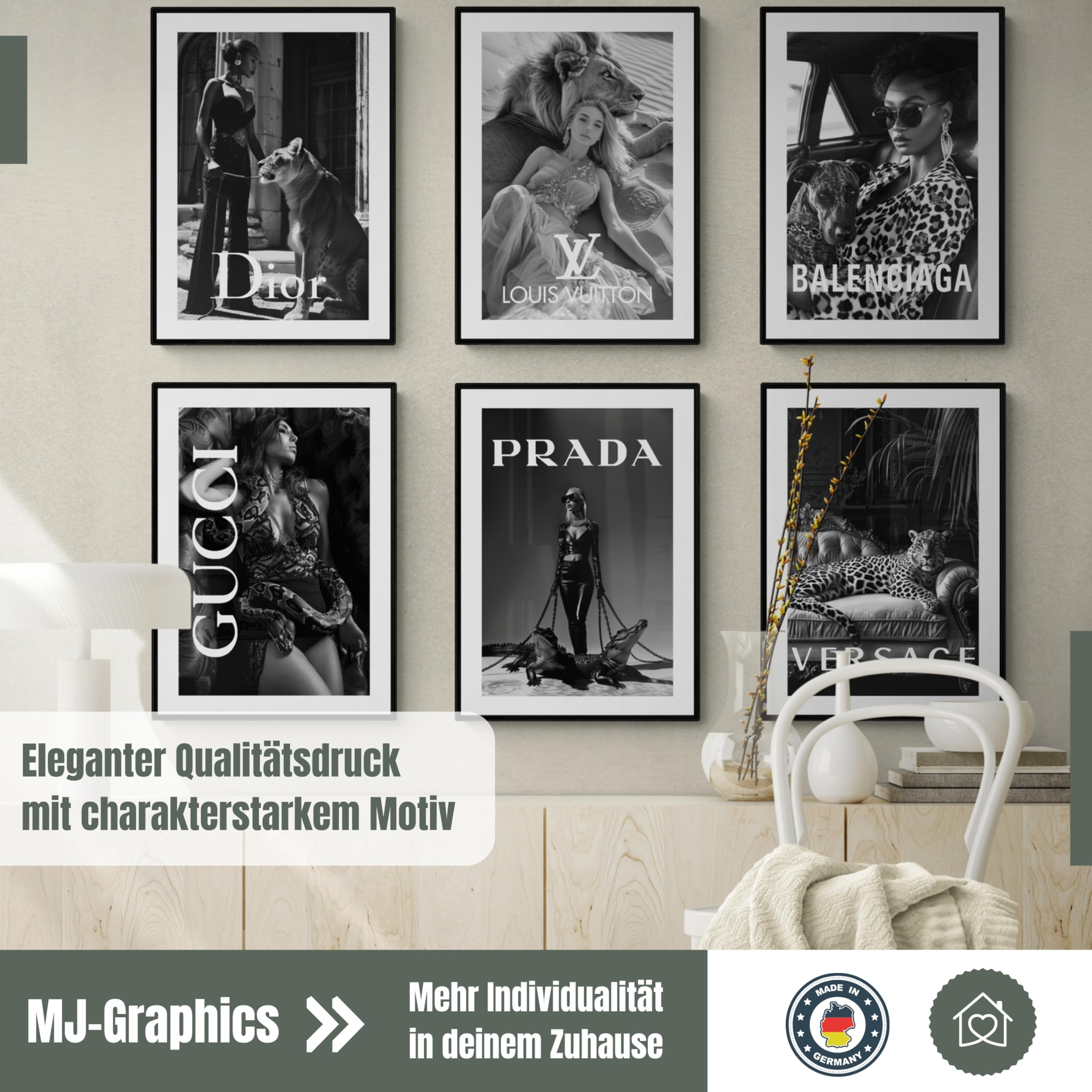 MJ-GRAPHICS® | Mood Poster Set Fashion Luxus - Schwarz-Weiß - Elegant, Luxuriös, Boutique Lifestyle, Coco - Dekorative Wandkunst Premium für Schlafzimmer Wohnzimmer - 6xA2 Kunstdrucke - ohne Rahmen