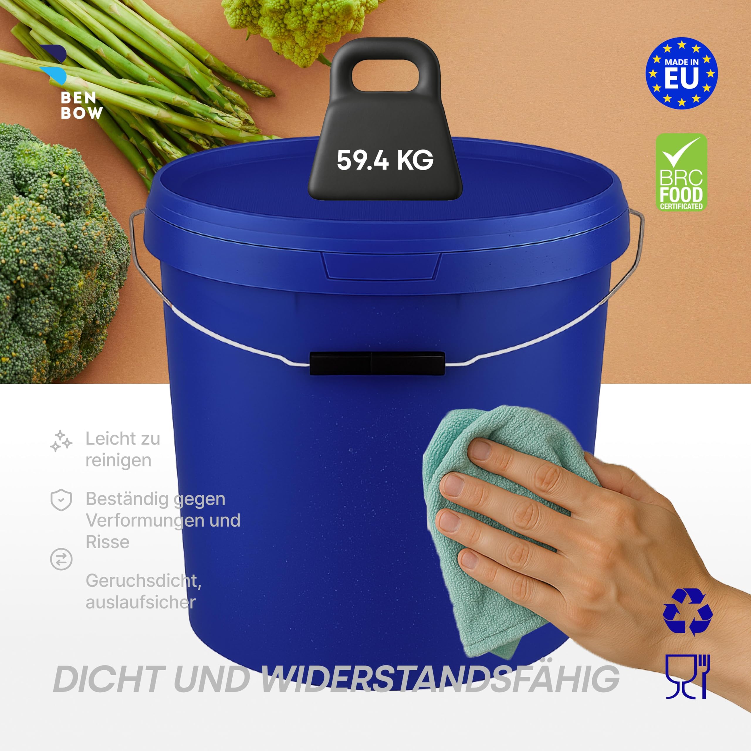 BenBow - Eimer mit Deckel blau 20x 20 Liter - lebensmittelecht stabil luftdicht auslaufsicher geruchsneutral - Aufbewahrungsbehälter aus Kunststoff - Metalgriff - Rissfester Griff, leer