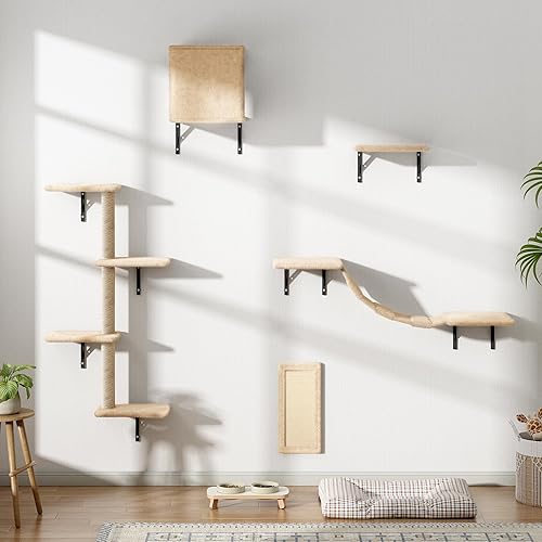 Wall Mounted Cat Furniture Set of 5 With Tree, Perch, Scratcher, Bridge and Condo, Gray (Beige)