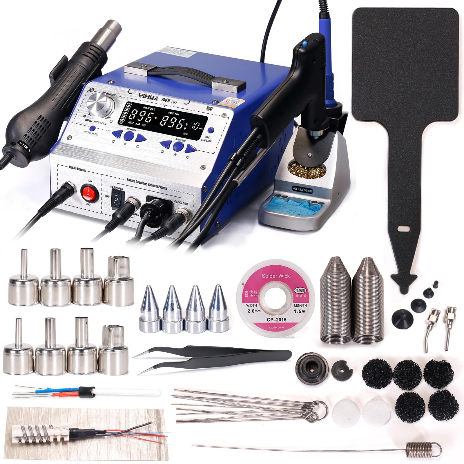 YIHUA948-II Professional Soldering, Desoldering & Rework Station bundle with #2300 Hot Air Nozzles with Iron Holder, Cleaning Kit, and Accessories (39 Items)