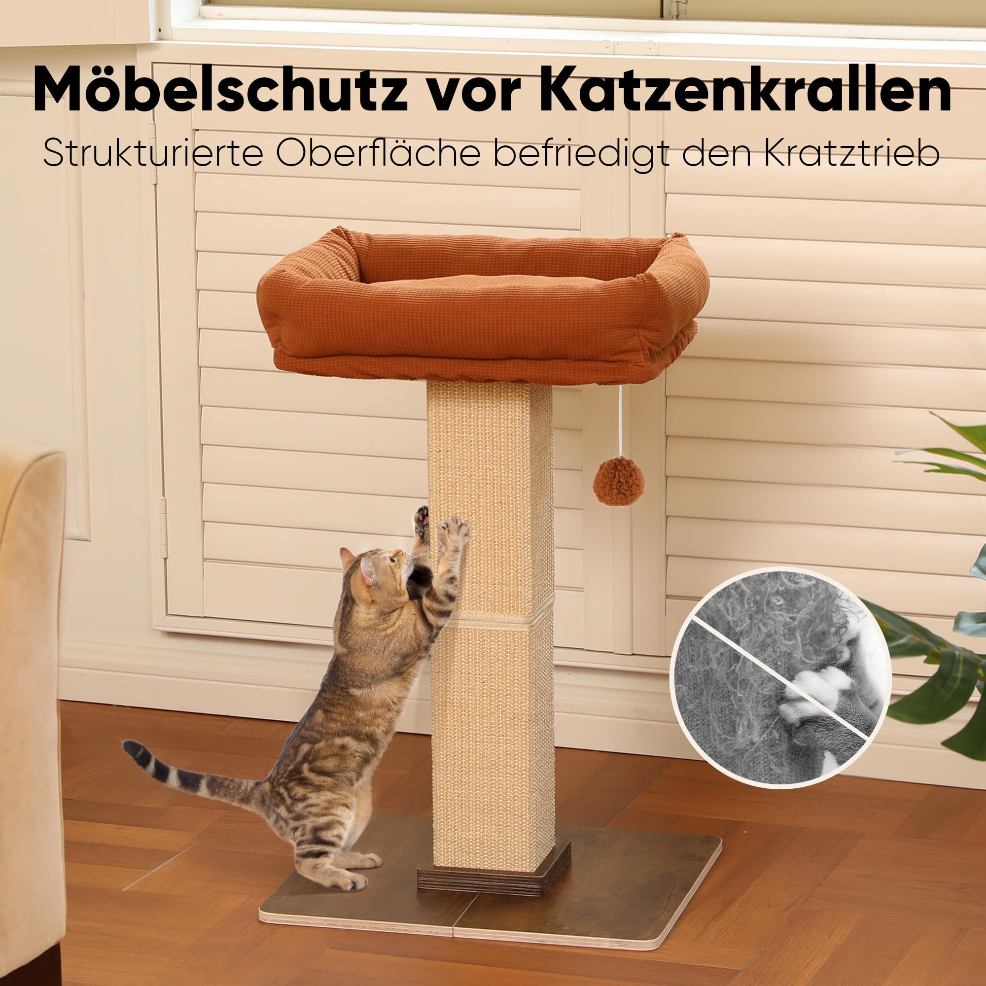 FUKUMARU Kratzbaum, 73 cm hocher Katzenbaum mit 46 x 36 cm Plattform, Retro-Stil hoher Kratzbaum mit Liegeplatz für Erwachsene Katzen, großer Kratzturm mit Bett, aus natürlichem Sisal & massivem Holz.